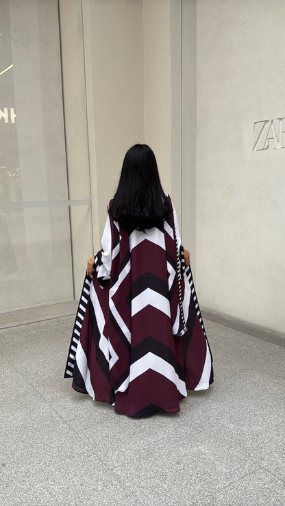 FAB302-Maroon & Black Printed Chiffon Silk A-Cut Abaya Set