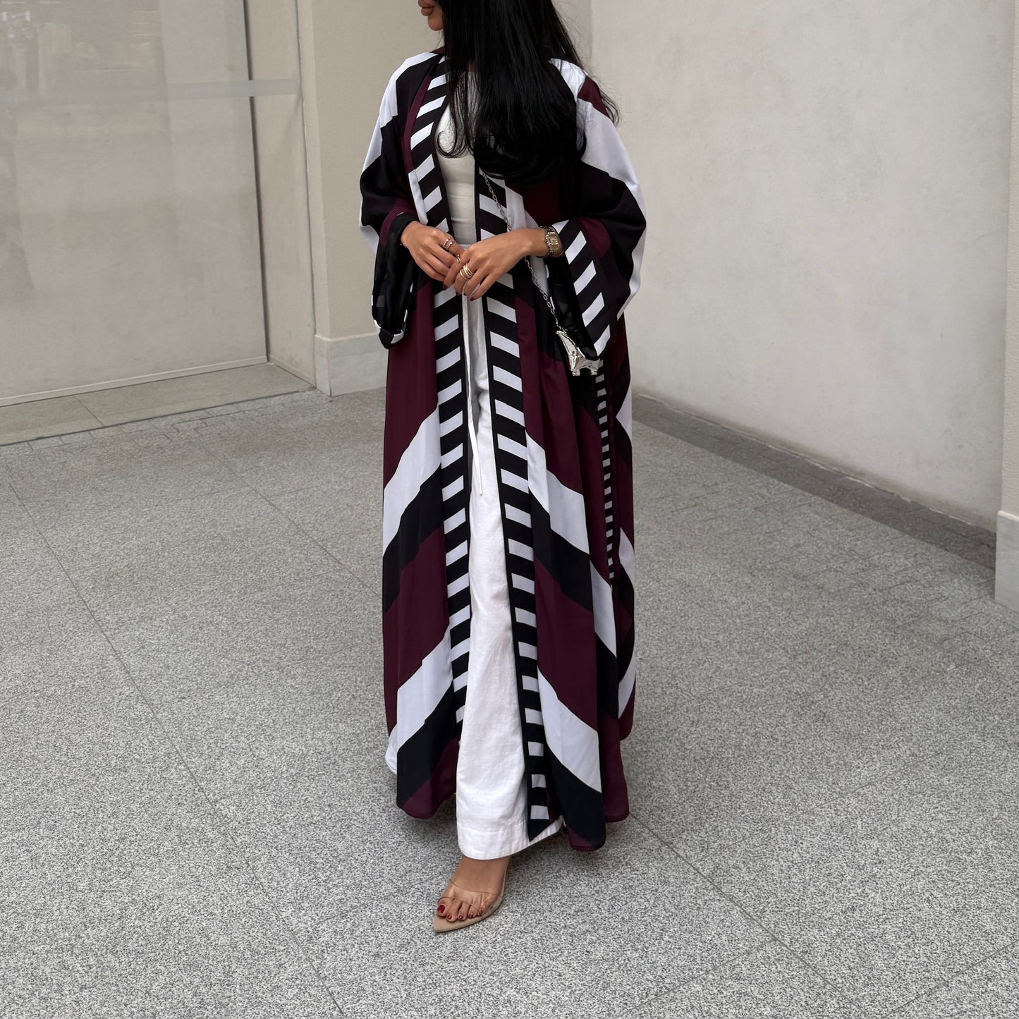 FAB302-Maroon & Black Printed Chiffon Silk A-Cut Abaya Set