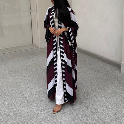 FAB302-Maroon & Black Printed Chiffon Silk A-Cut Abaya Set