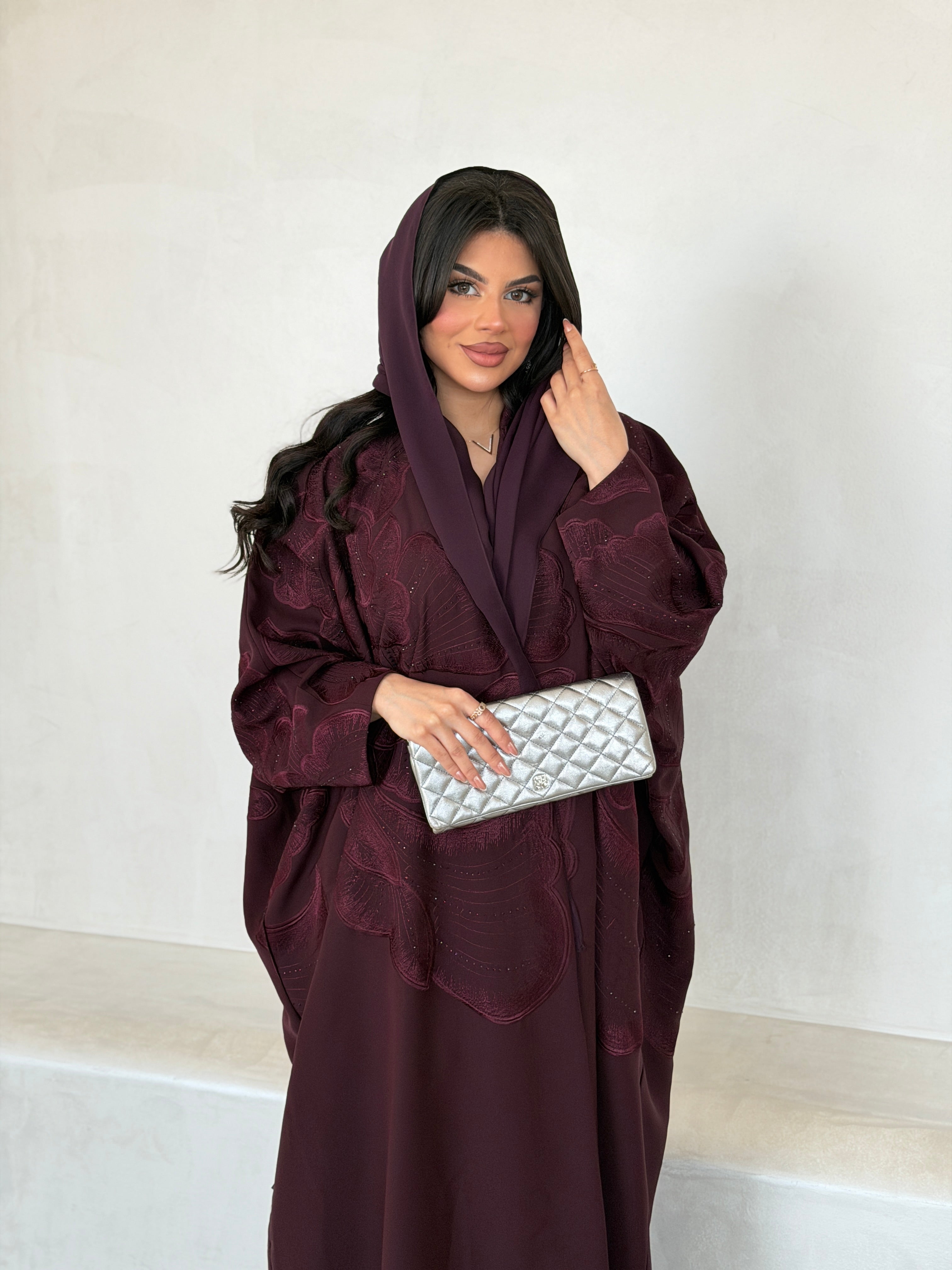 FAB297- Burgundy Crystal Embroidered Half Bisht Cut Crepe Abaya