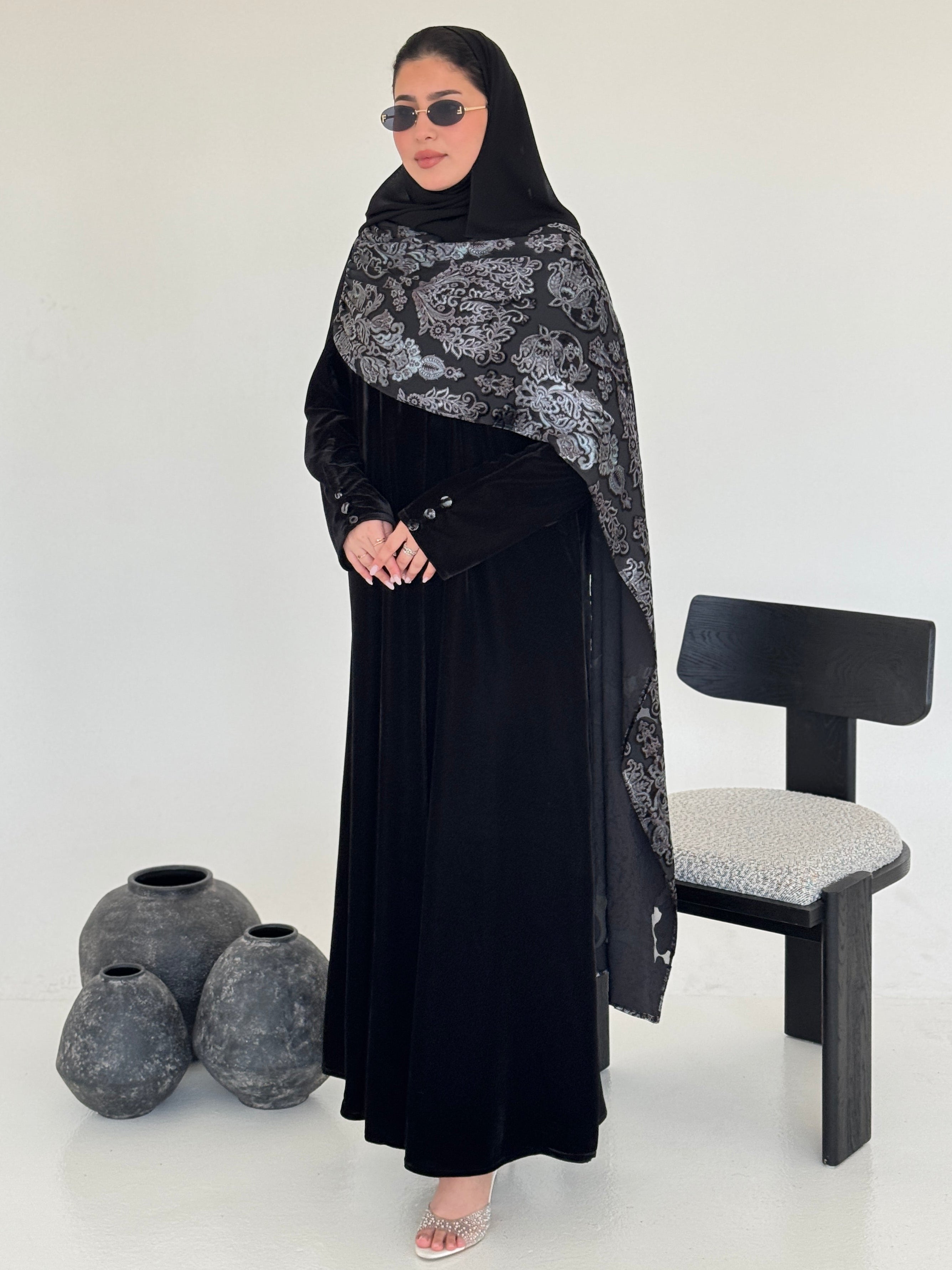 FAB230- Black Velvet Abaya with Grey Velvet Chiffon Shawl with matching headscarf