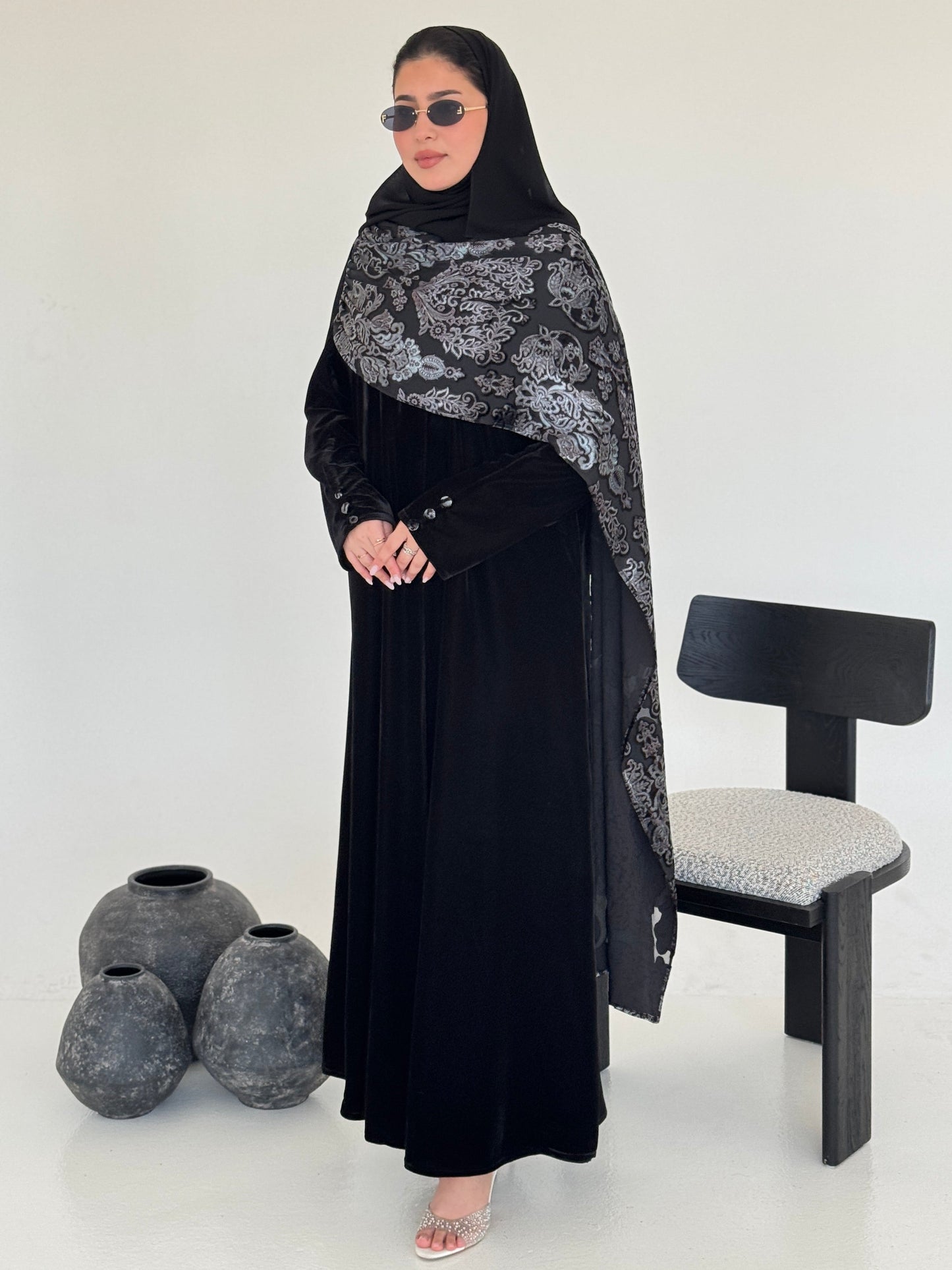 FAB230- Black Velvet Abaya with Grey Velvet Chiffon Shawl with matching headscarf