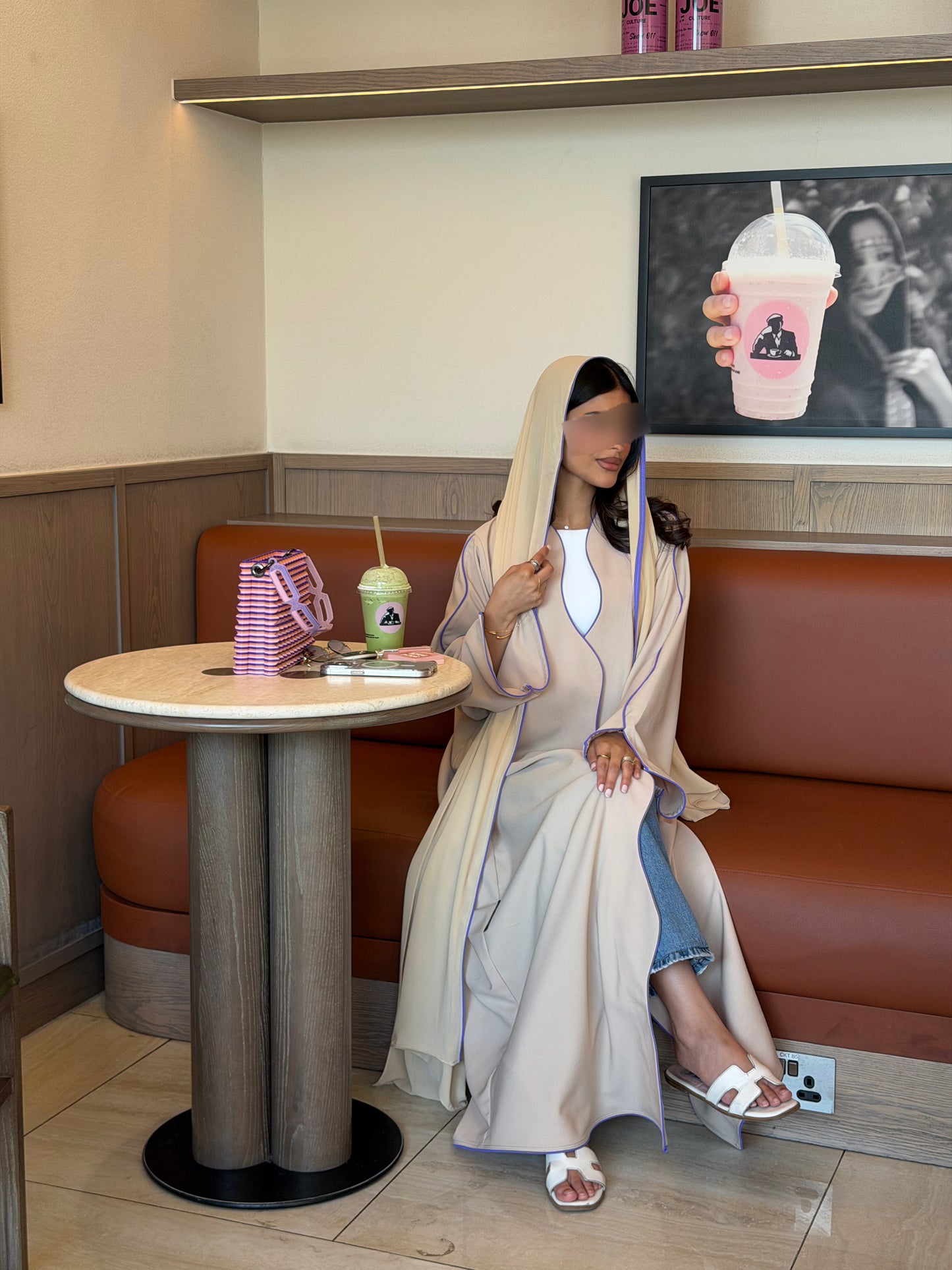 FAB318- Beige crepe swirl-cut abaya with purple piping abaya and headscarf