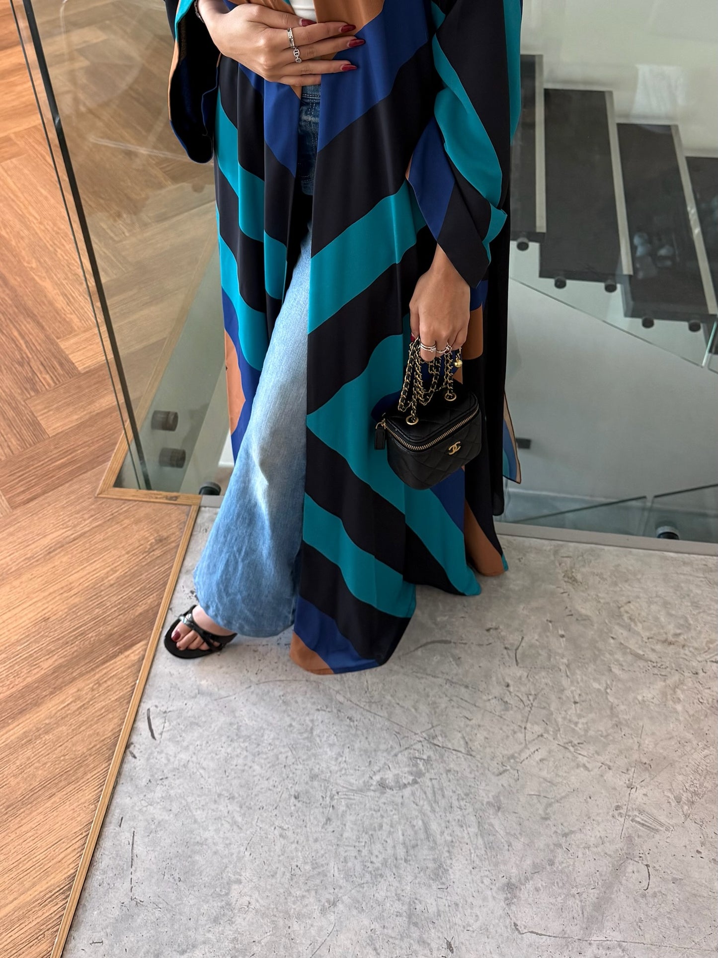 FAB328- Turqoise mustard printed Rainbow straight-cut abaya with matching headscarf
