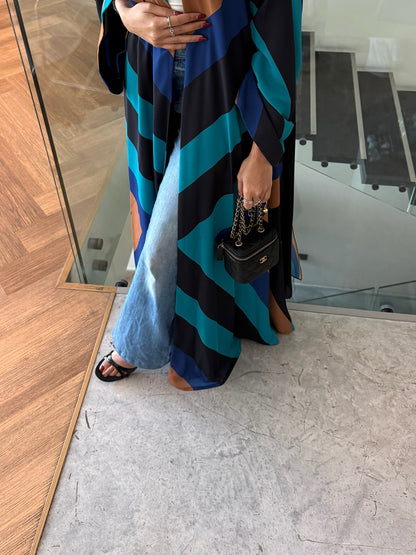 FAB328- Turqoise mustard printed Rainbow straight-cut abaya with matching headscarf