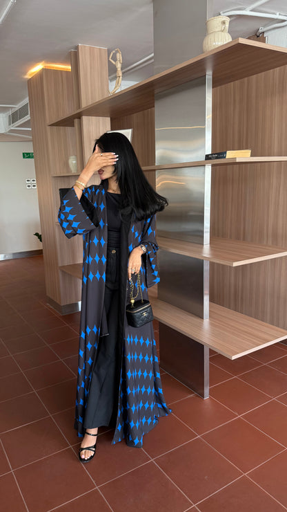 FAB336-Blue & Black Diamond Print Straight-Cut Abaya with Matching Headscarf