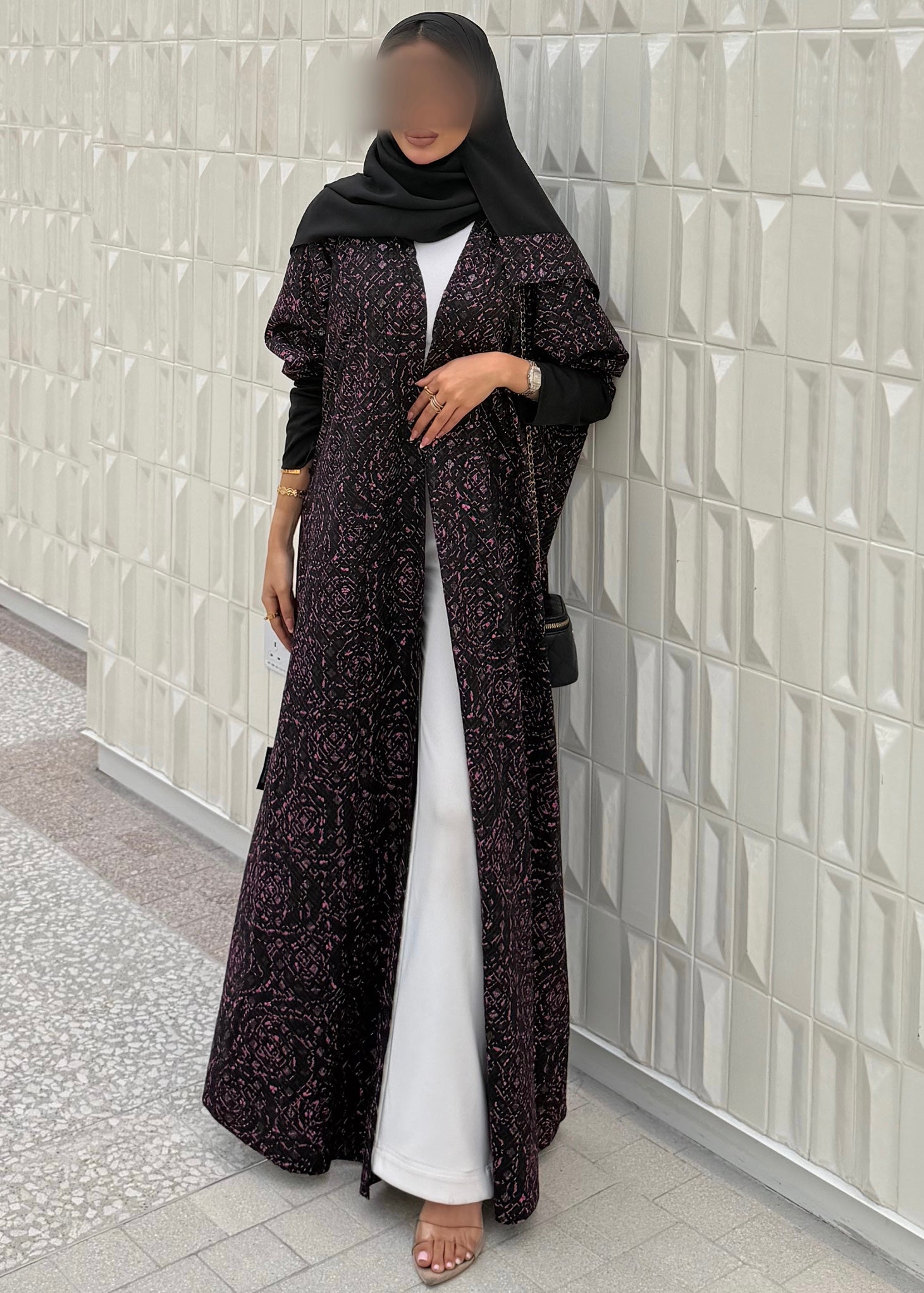 FAB339-Black Pink Embroidery Half-Bisht Cut Abaya with Fitted Black Stretch Sleeves
and matching headscarf