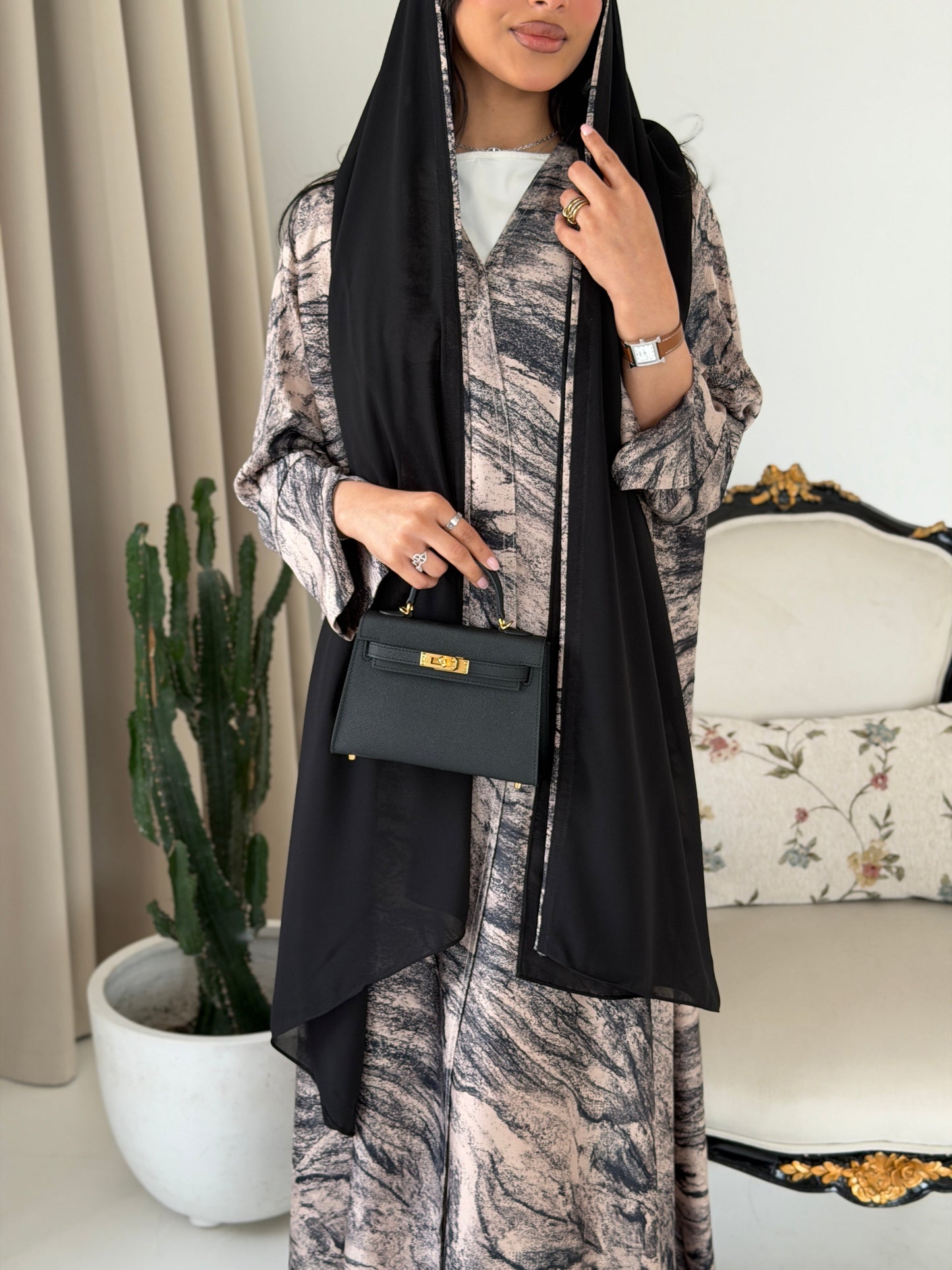FAB286- Beige Marble Print- Crepe A-Cut Abaya with pipping headscarf