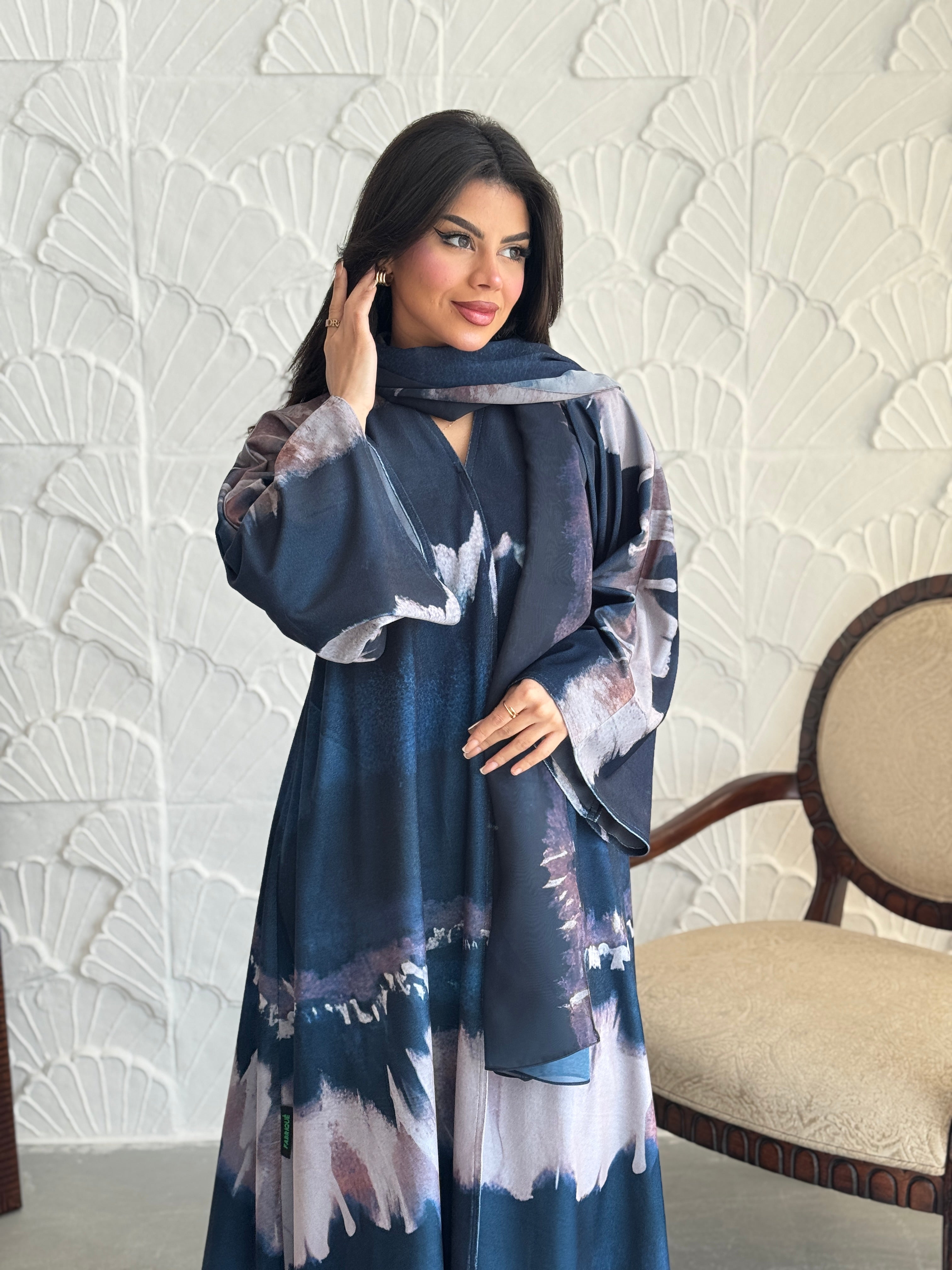FAB239- Blue Patterned Printed Velvet A-Cut Abaya Set