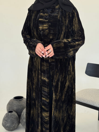 FAB234- Black & Gold Marble Velvet A-Cut Abaya
