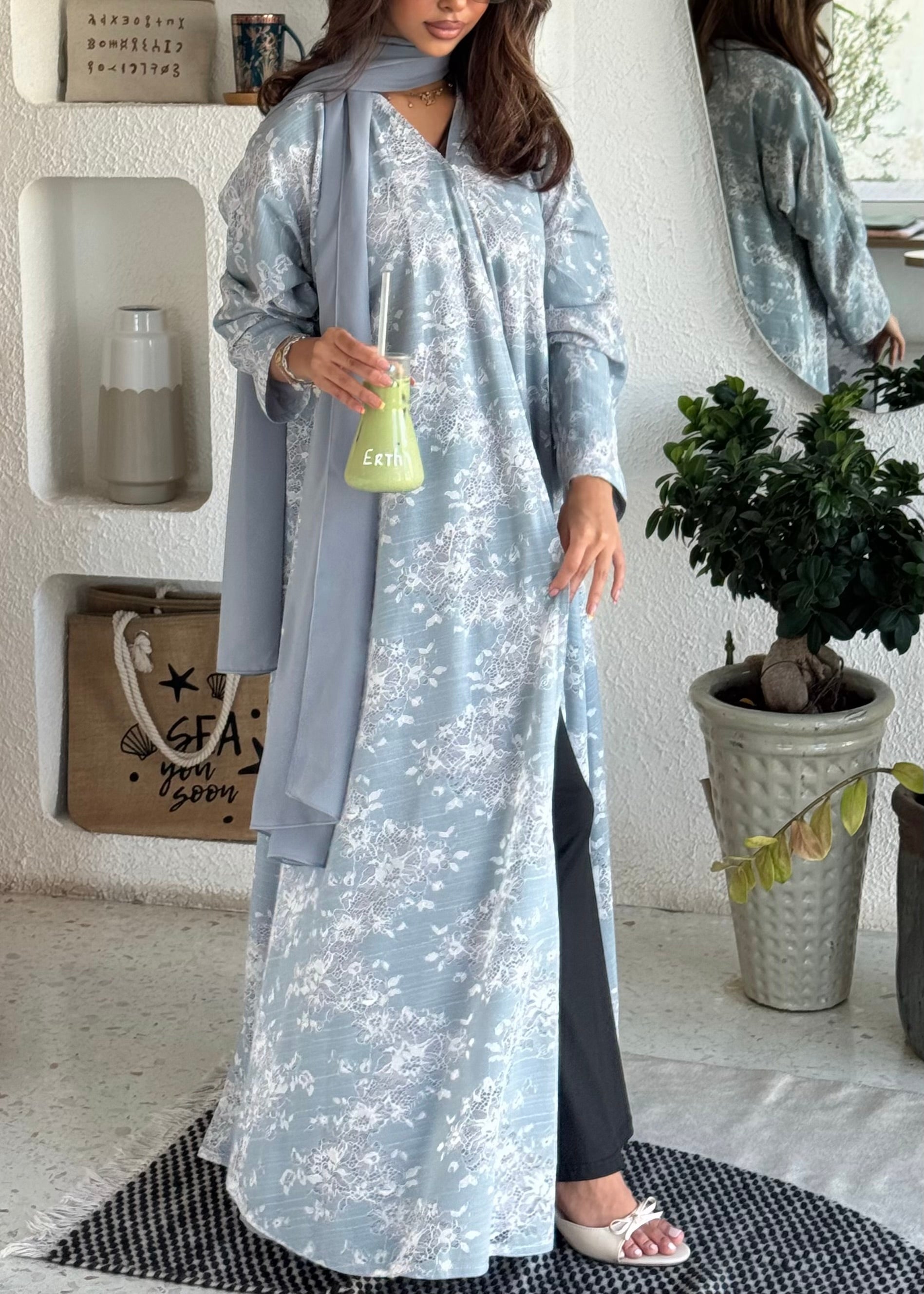 FAB301- White and Blue Lace and Linen Summer A-Cut Abaya