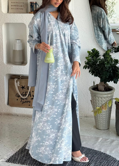 FAB301- White and Blue Lace and Linen Summer A-Cut Abaya