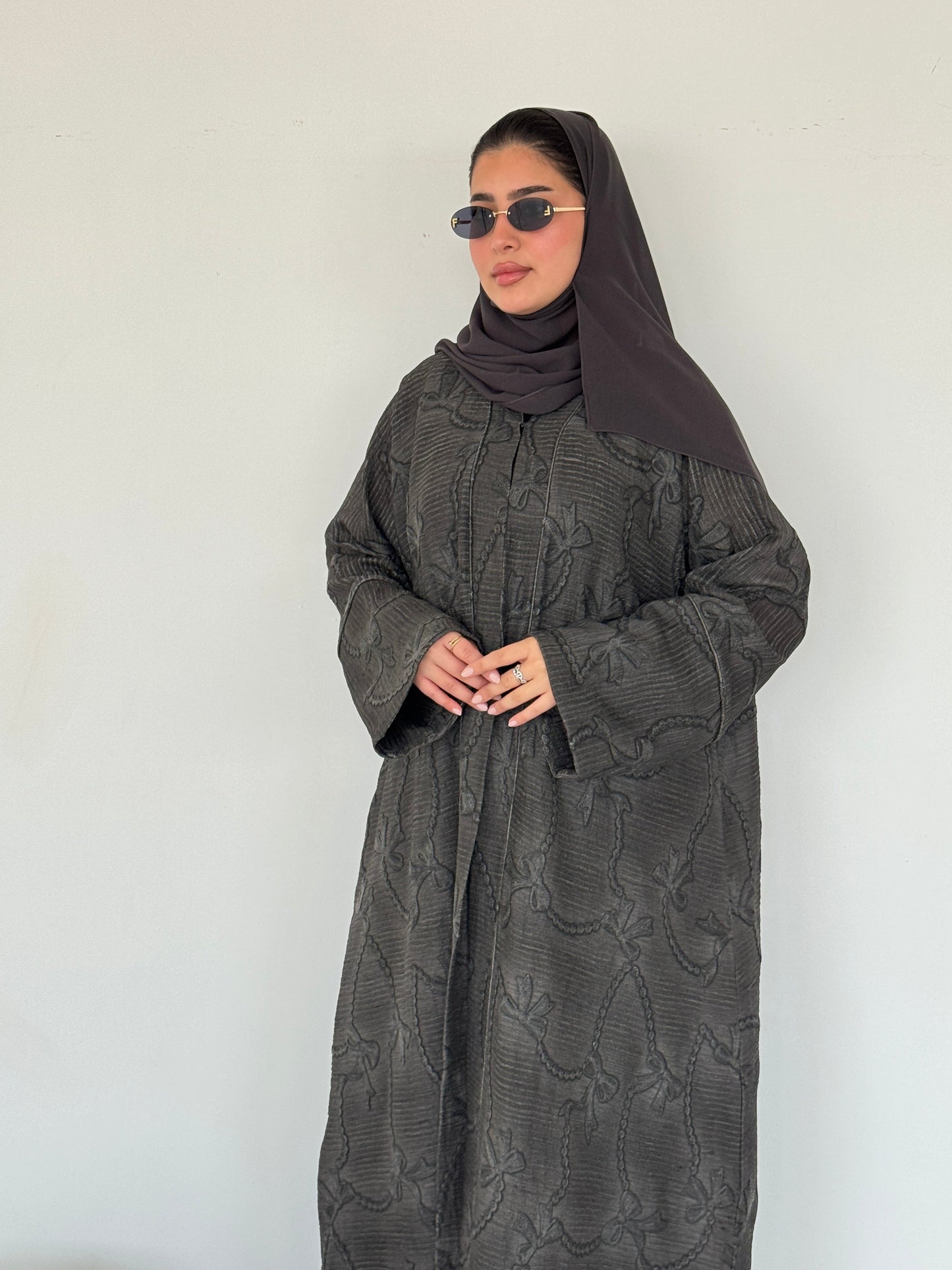FAB220-Black Grey Ribbon Embroidery Linen Abaya with headscarf