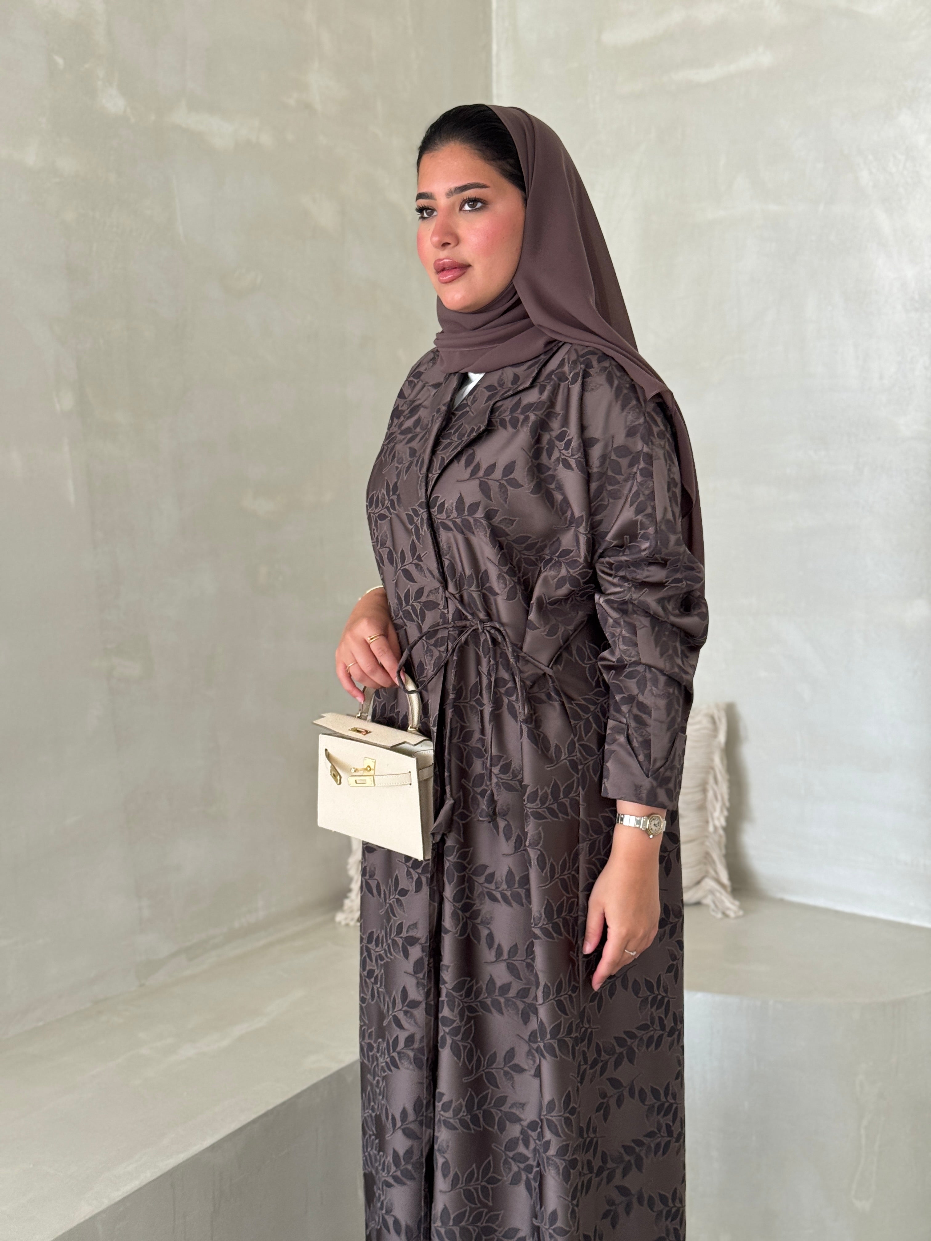 FAB197- Brown Collar Blazer Cut Abaya with headscarf