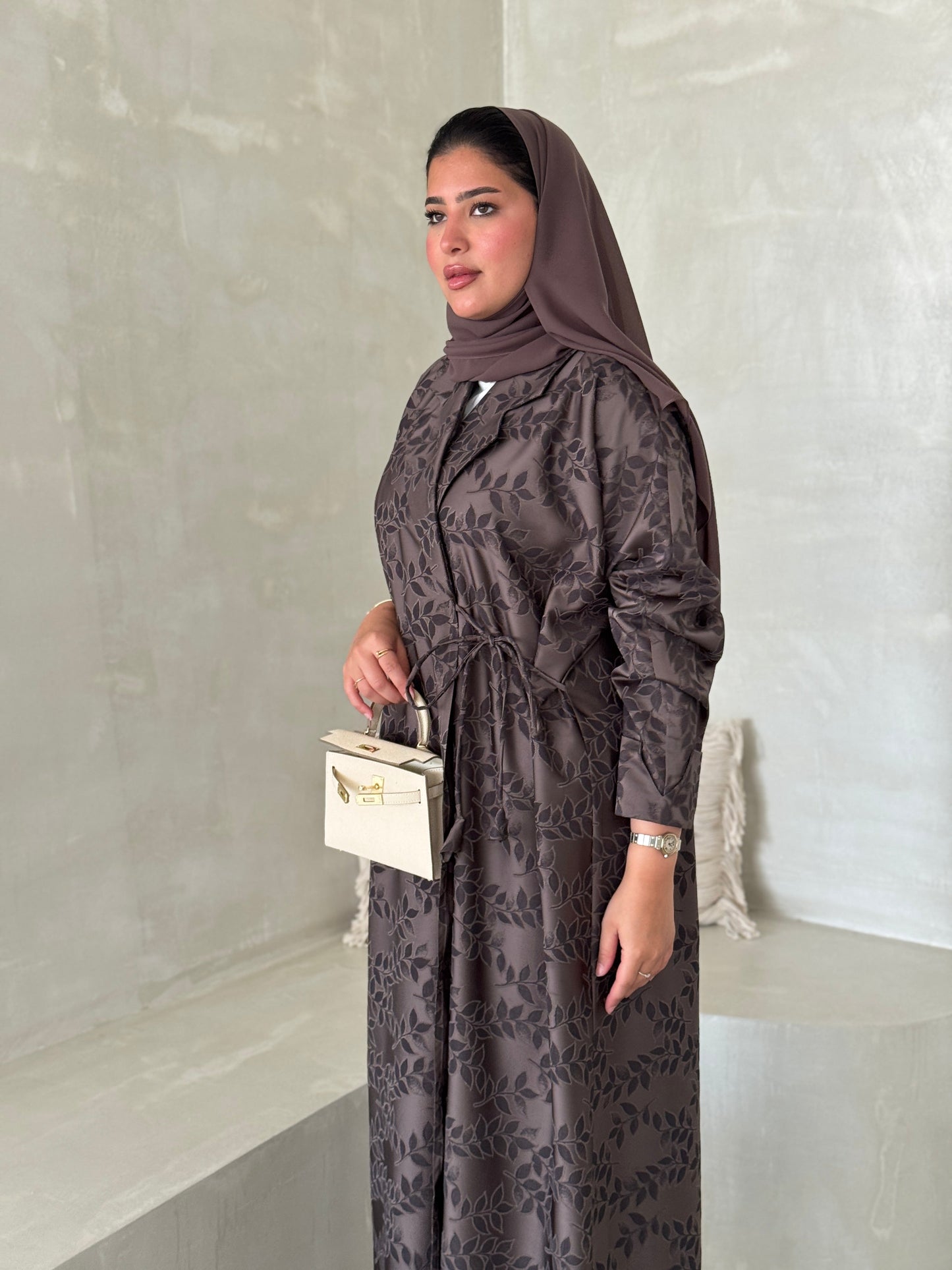FAB197- Brown Collar Blazer Cut Abaya with headscarf