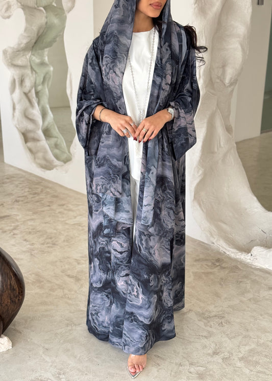 FAB159-Sky Blue tie-dye Abaya with matching headscarf set