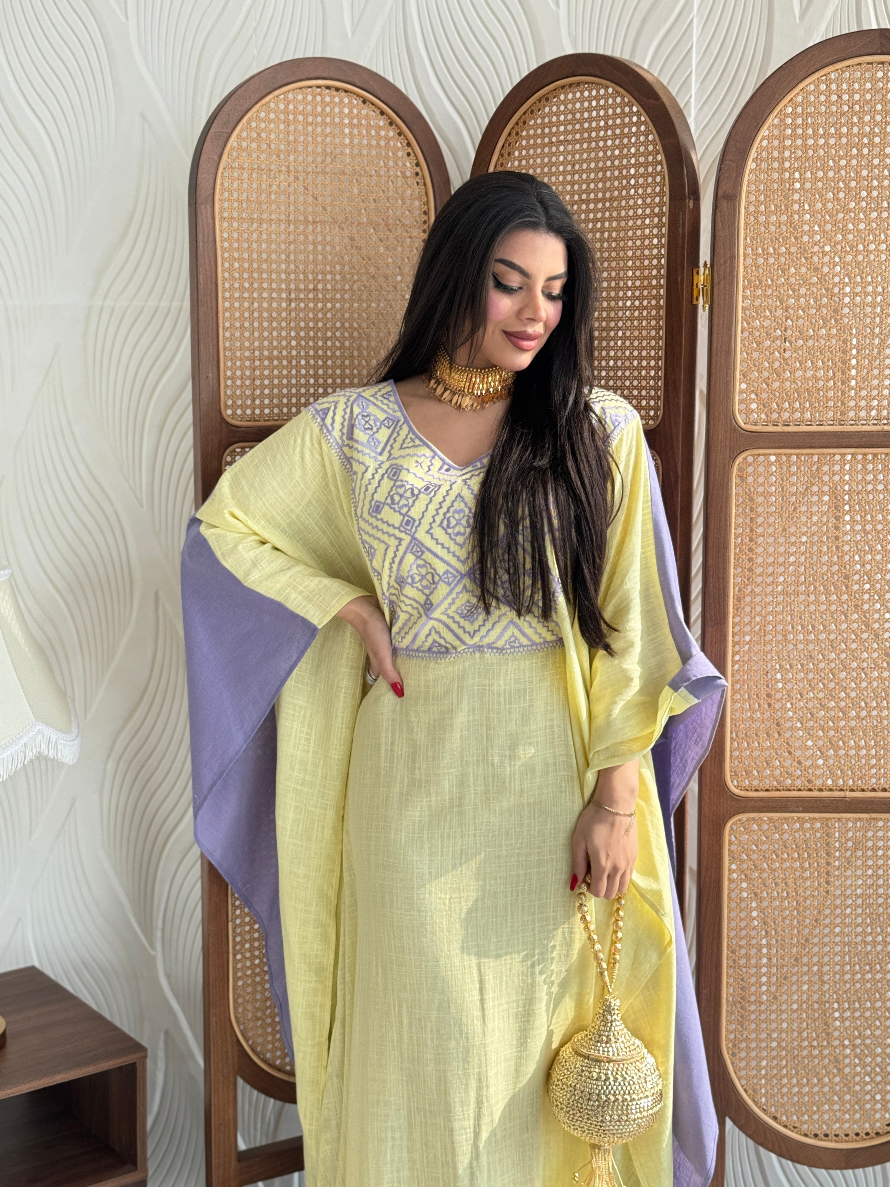 FAB255- Purple and Yellow Two-sided embroidered Linen butterfly cut jalabiya
