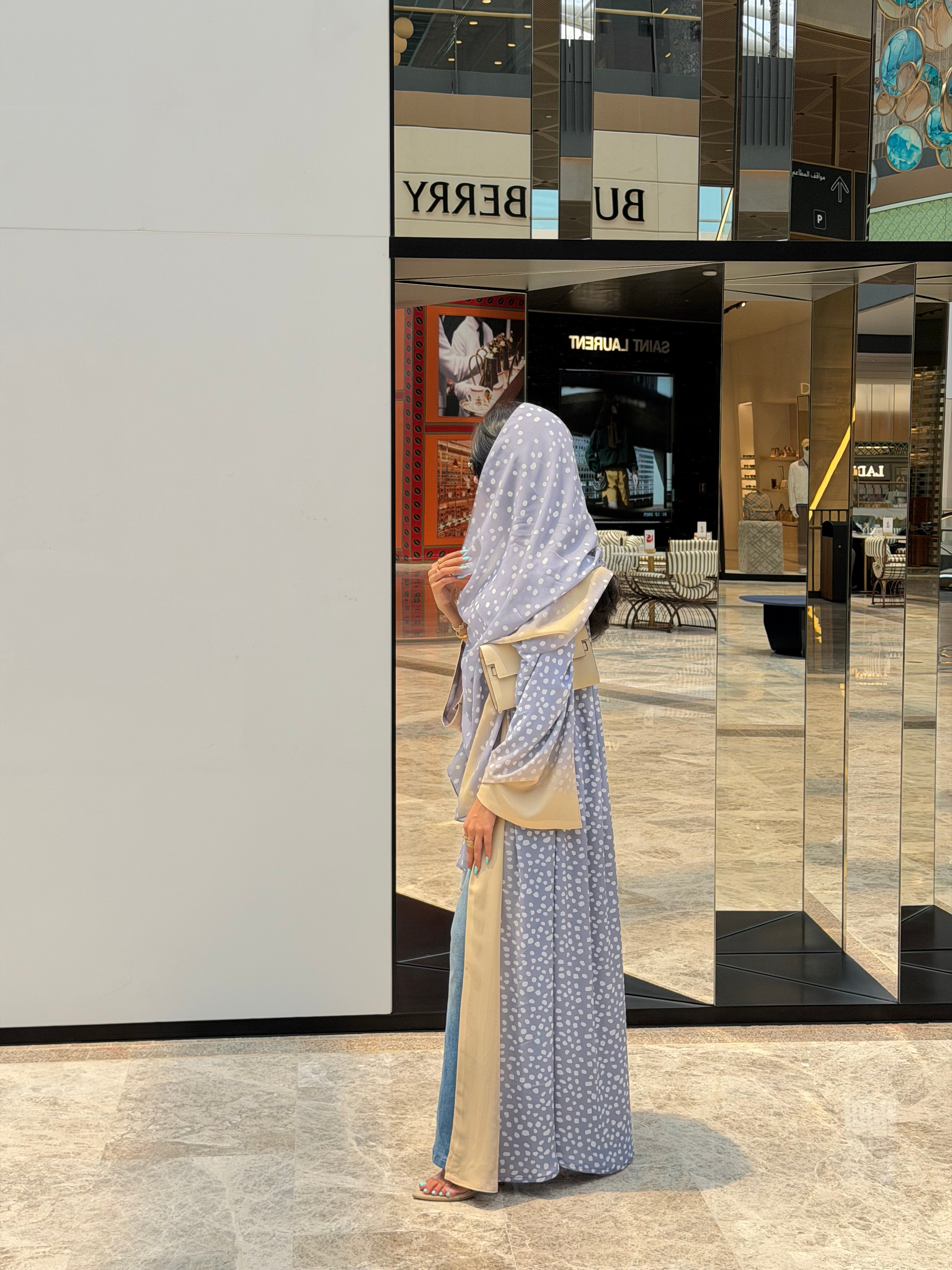 FAB322- Ghazal A-Cut Printed Abaya Set in Grey and Yellow color