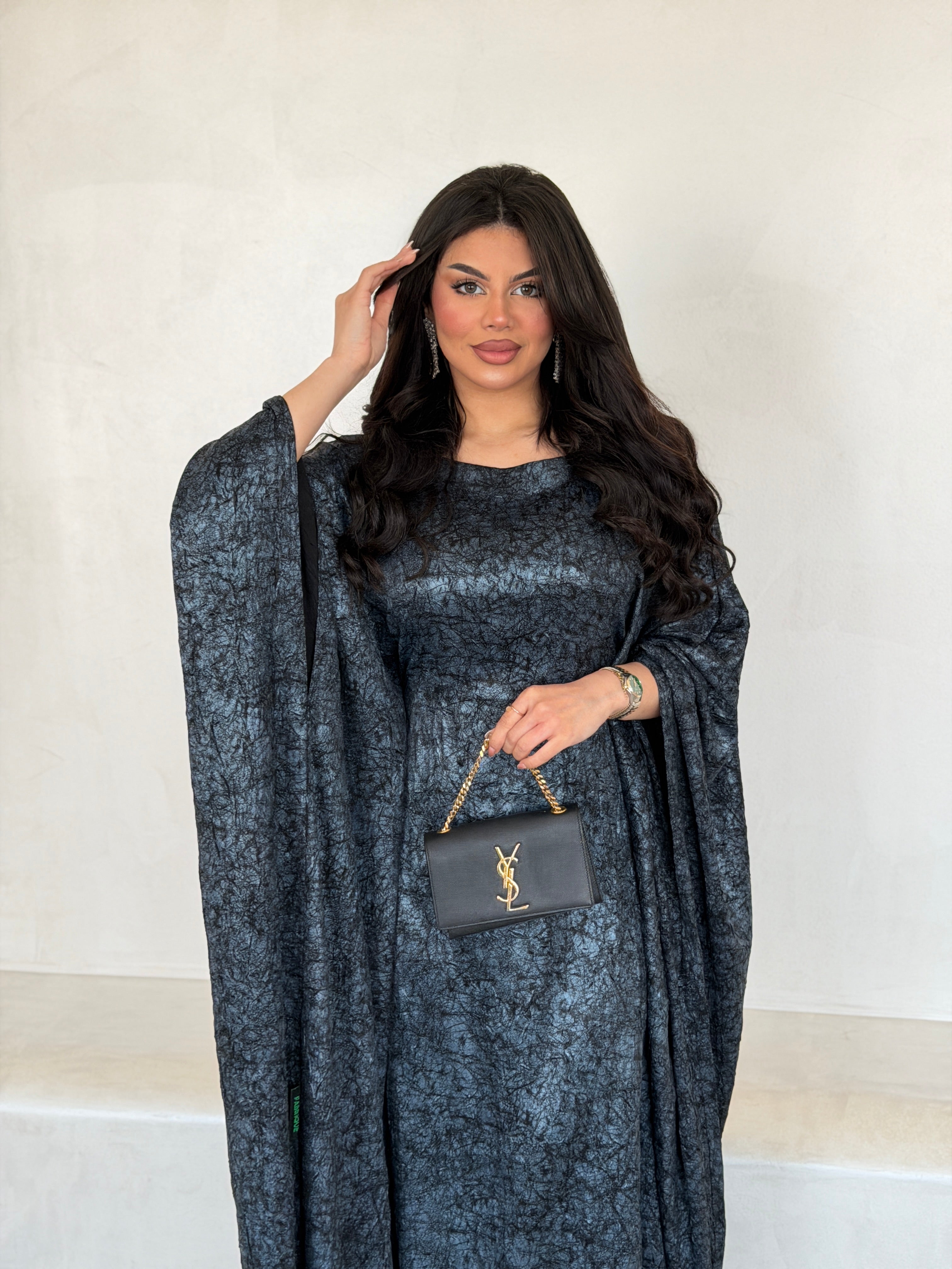 FAB291- Blue Metallic Cotton Stretch Free size Dress with inner belt