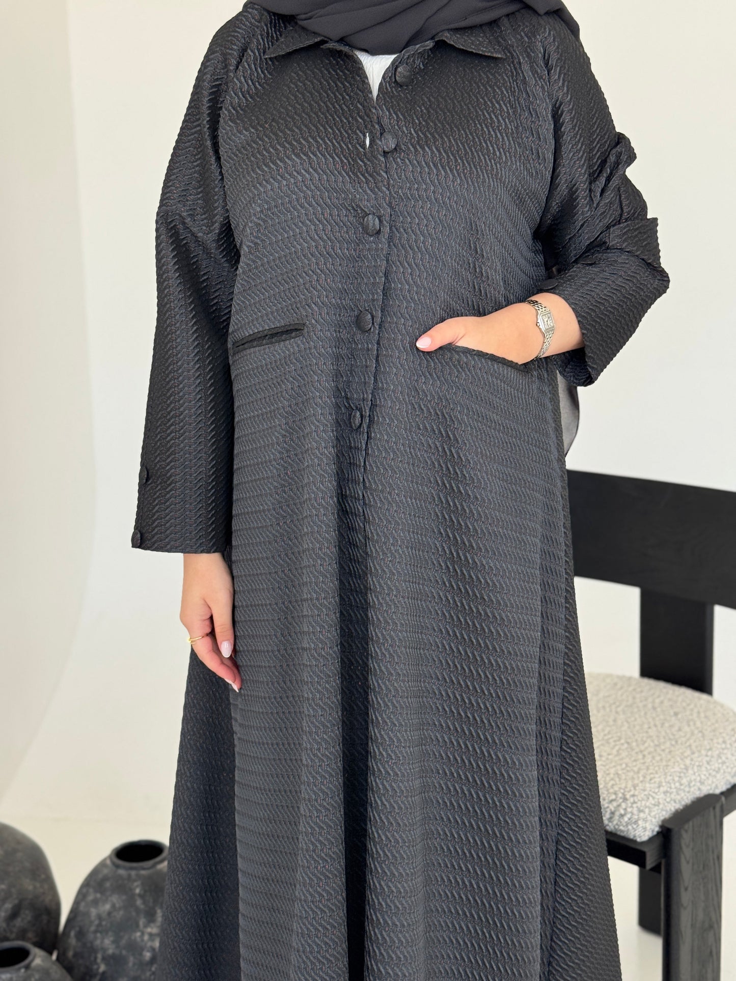 FAB227-Grey Textured Classic Jacquard Abaya with headscarf