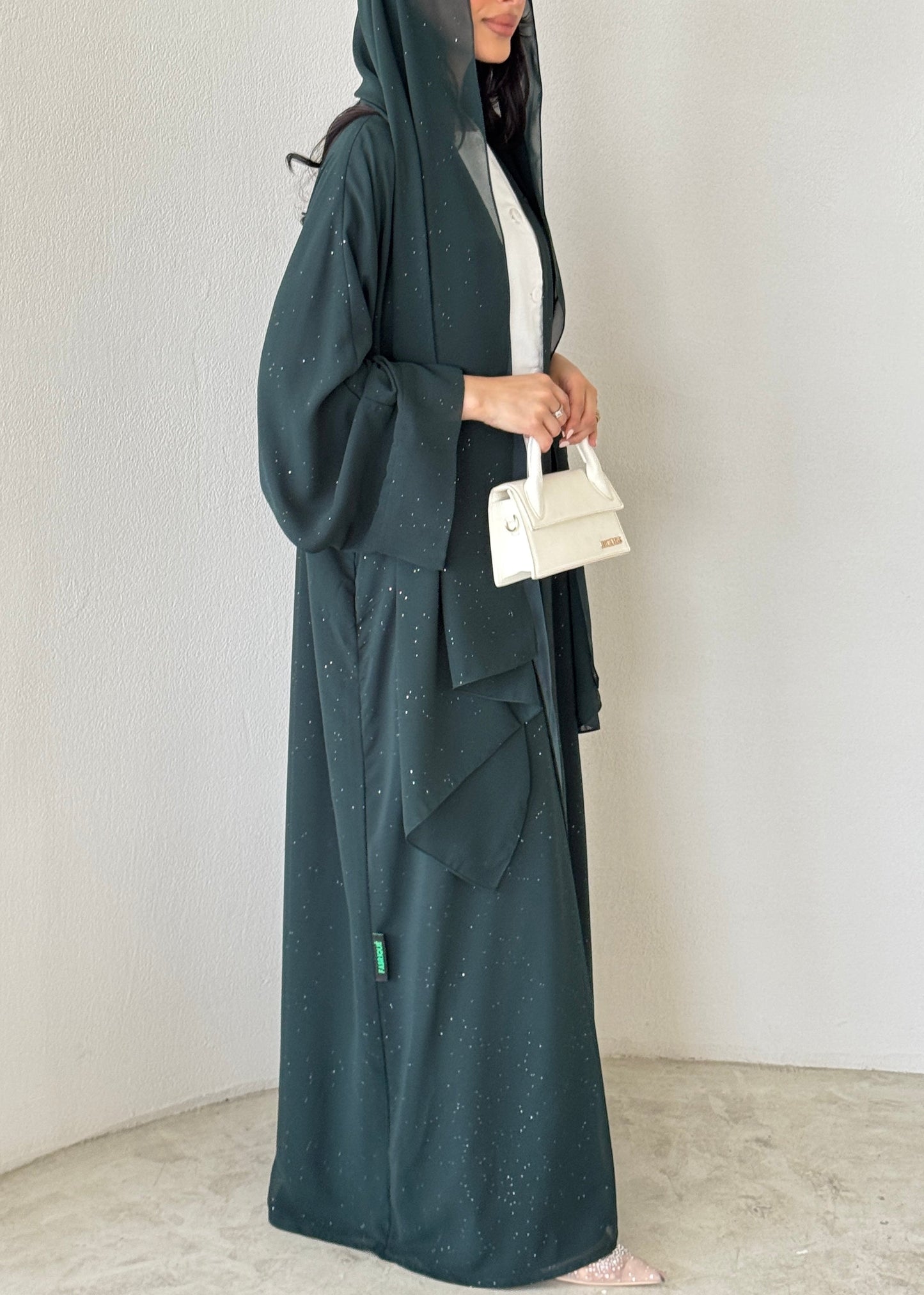 FAB185- Elegant Green Glitter Chiffon Abaya