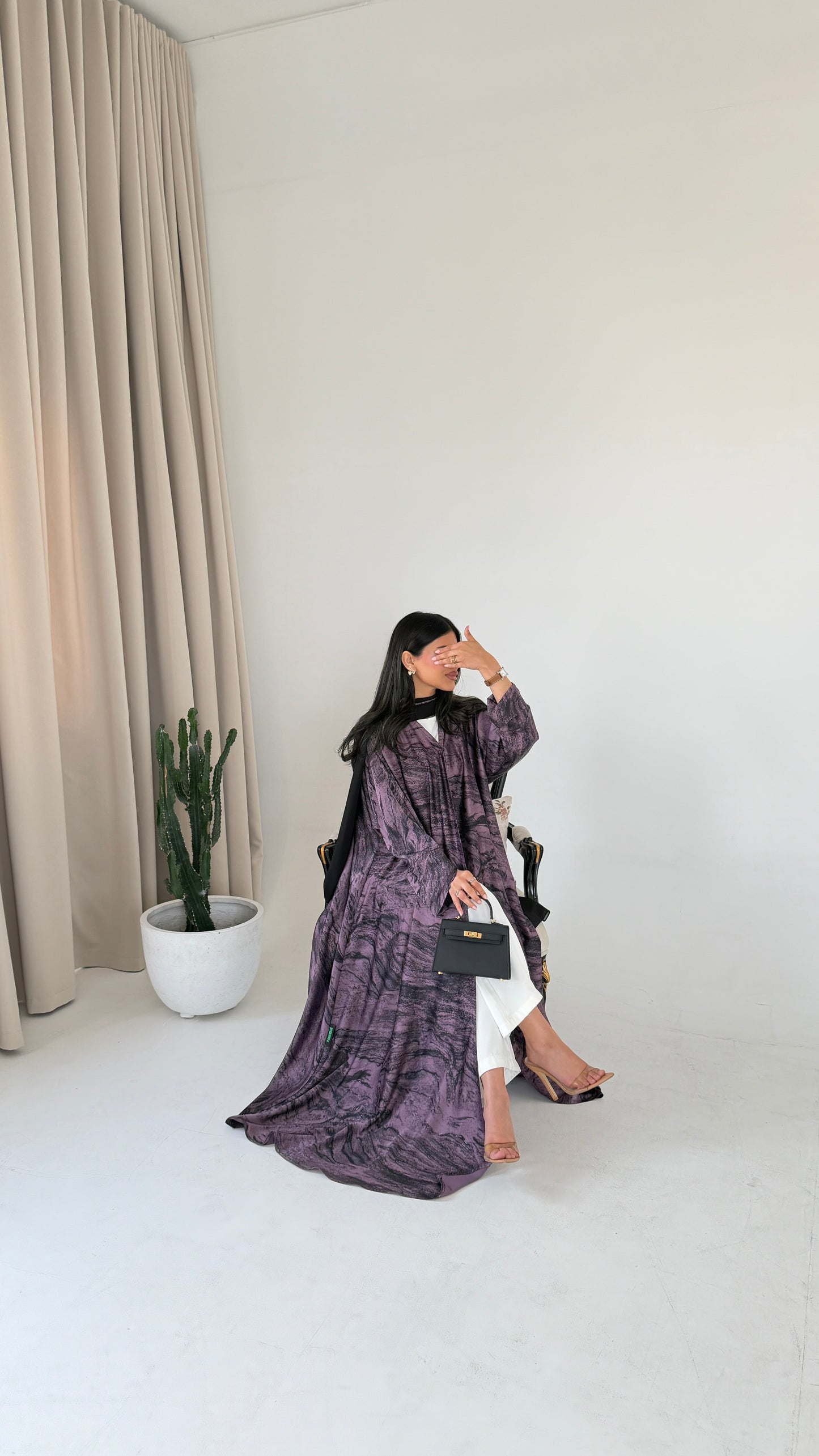 FAB287- Purple Marble Print - Crepe A-Cut Abaya with pipping headscarf