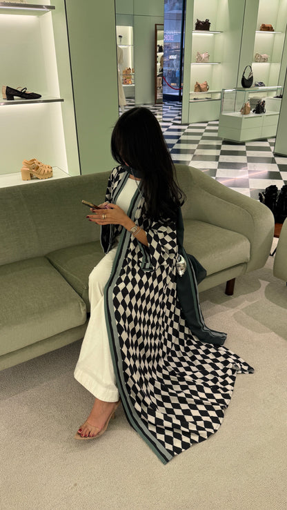 FAB305- Green & Black Checkered Print A-Cut Chiffon Silk Abaya