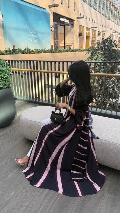 FAB304- Black/Maroon Striped Print Chiffon Silk A-Cut Abaya Set
