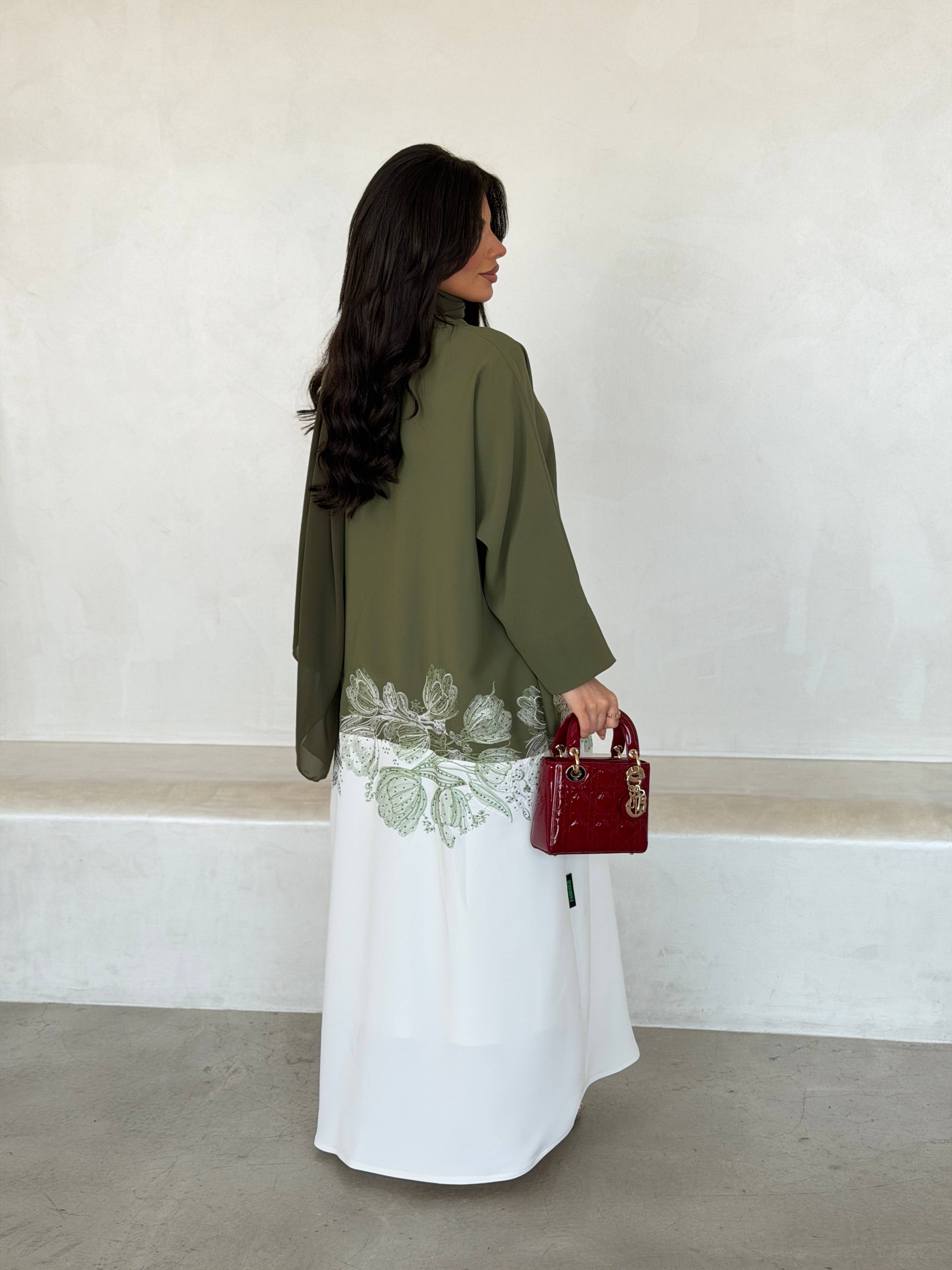 FAB294- Light Green & White Crepe Crystal Embroidered Abaya