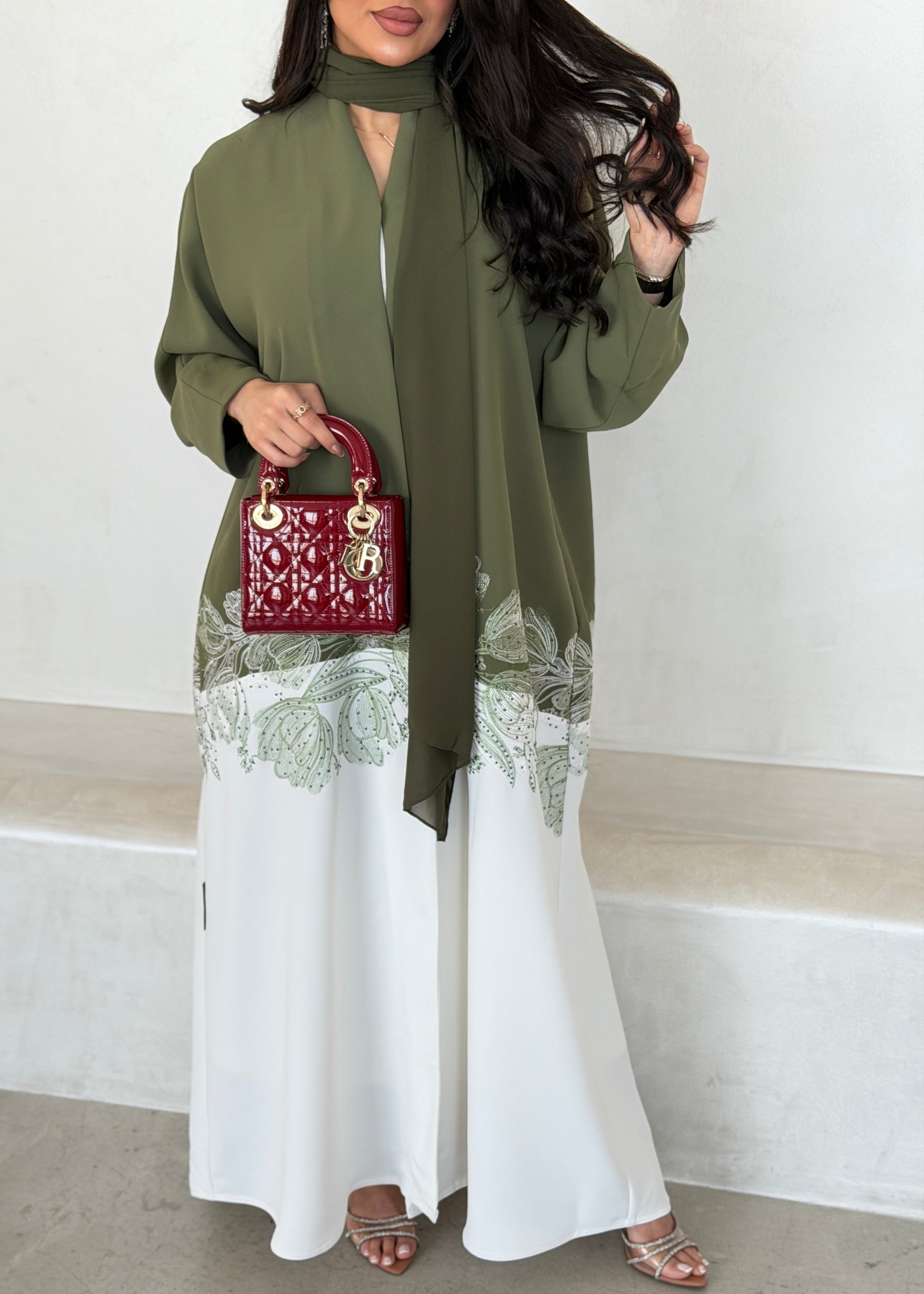 FAB294- Light Green & White Crepe Crystal Embroidered Abaya