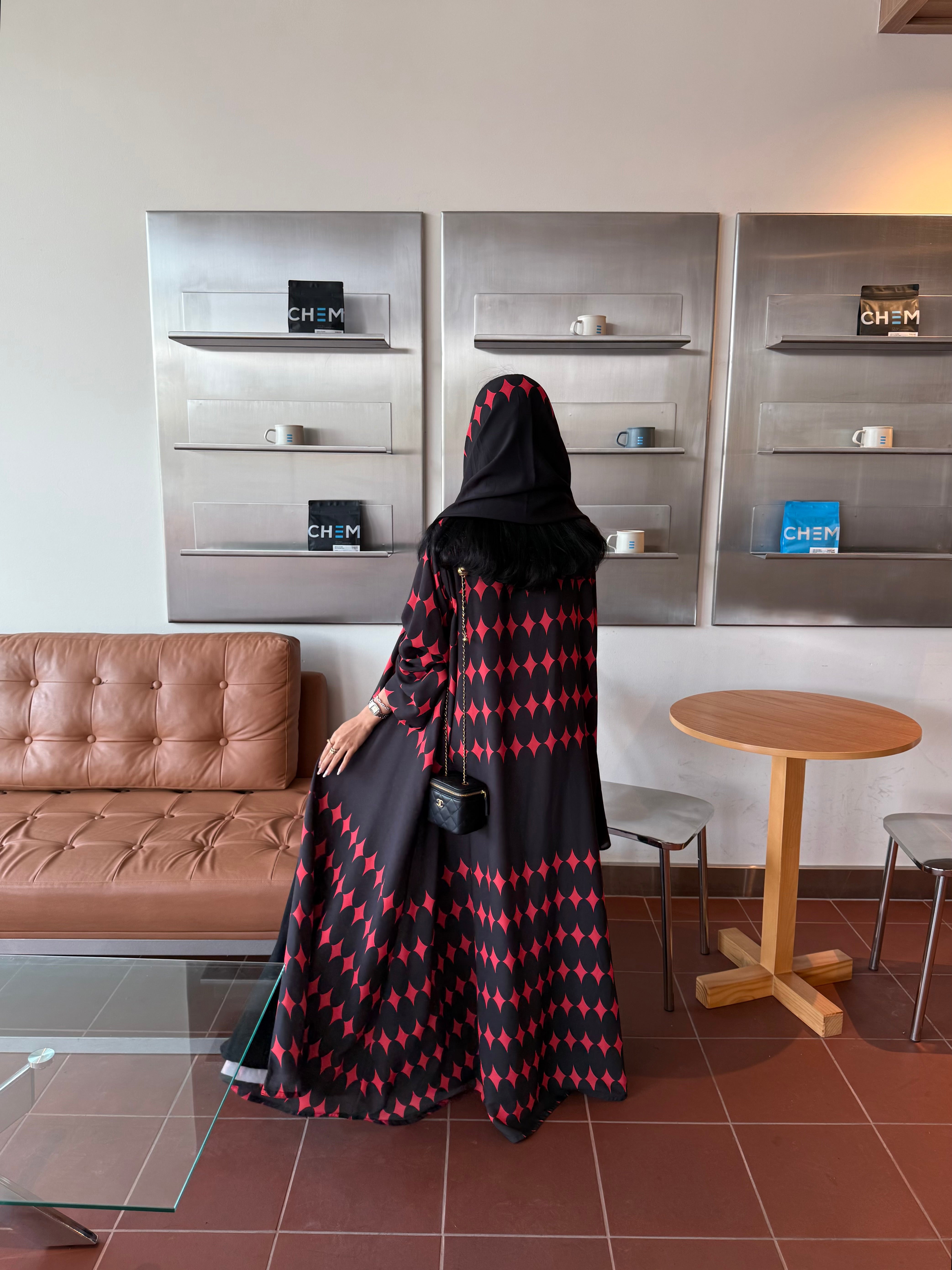 FAB335-Red & Black Diamond Print Straight-Cut Abaya with Matching Headscarf
