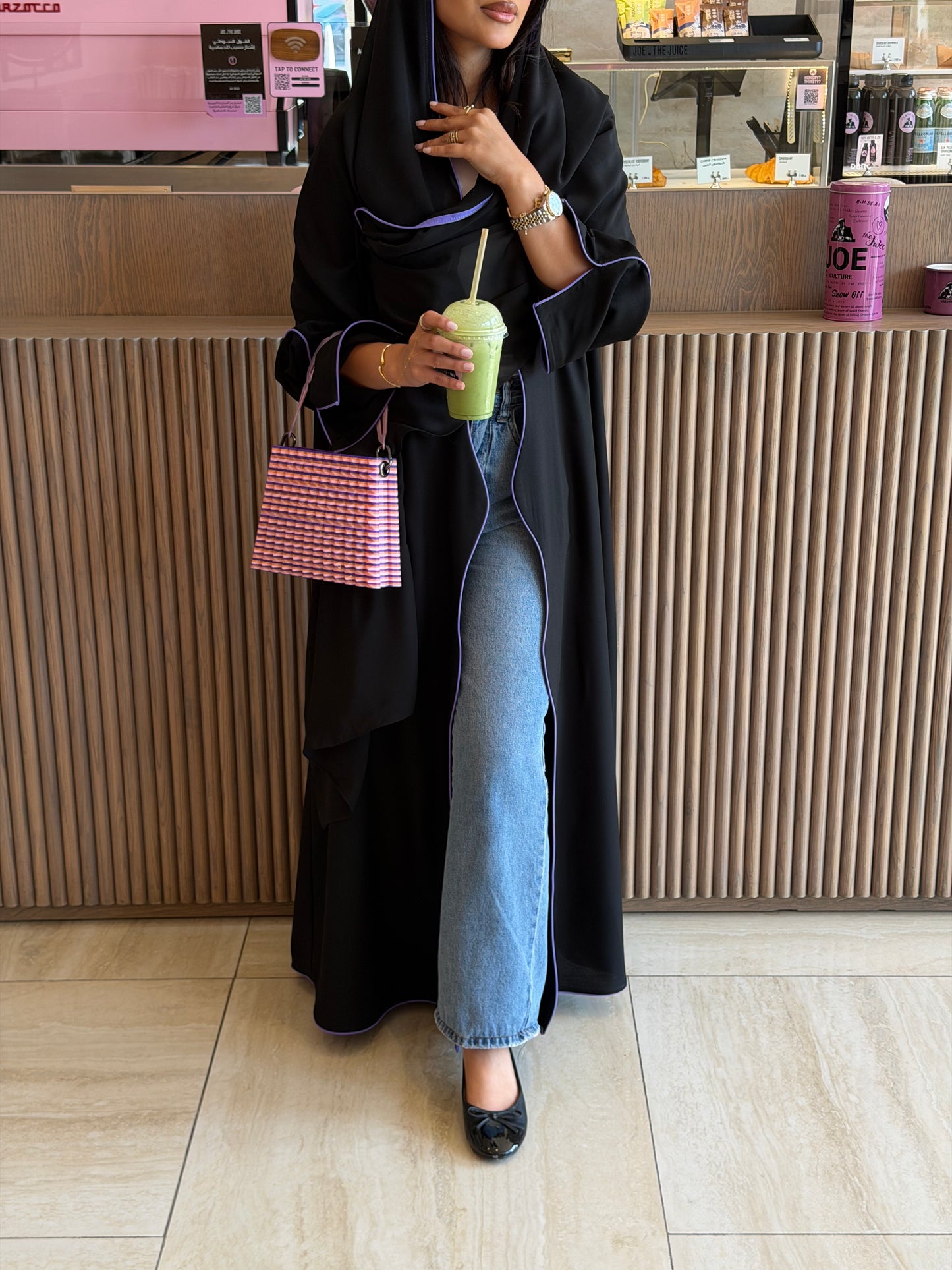 FAB319- Black crepe swirl-cut abaya with purple piping abaya and headscarf