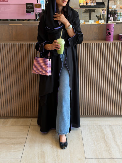 FAB319- Black crepe swirl-cut abaya with purple piping abaya and headscarf