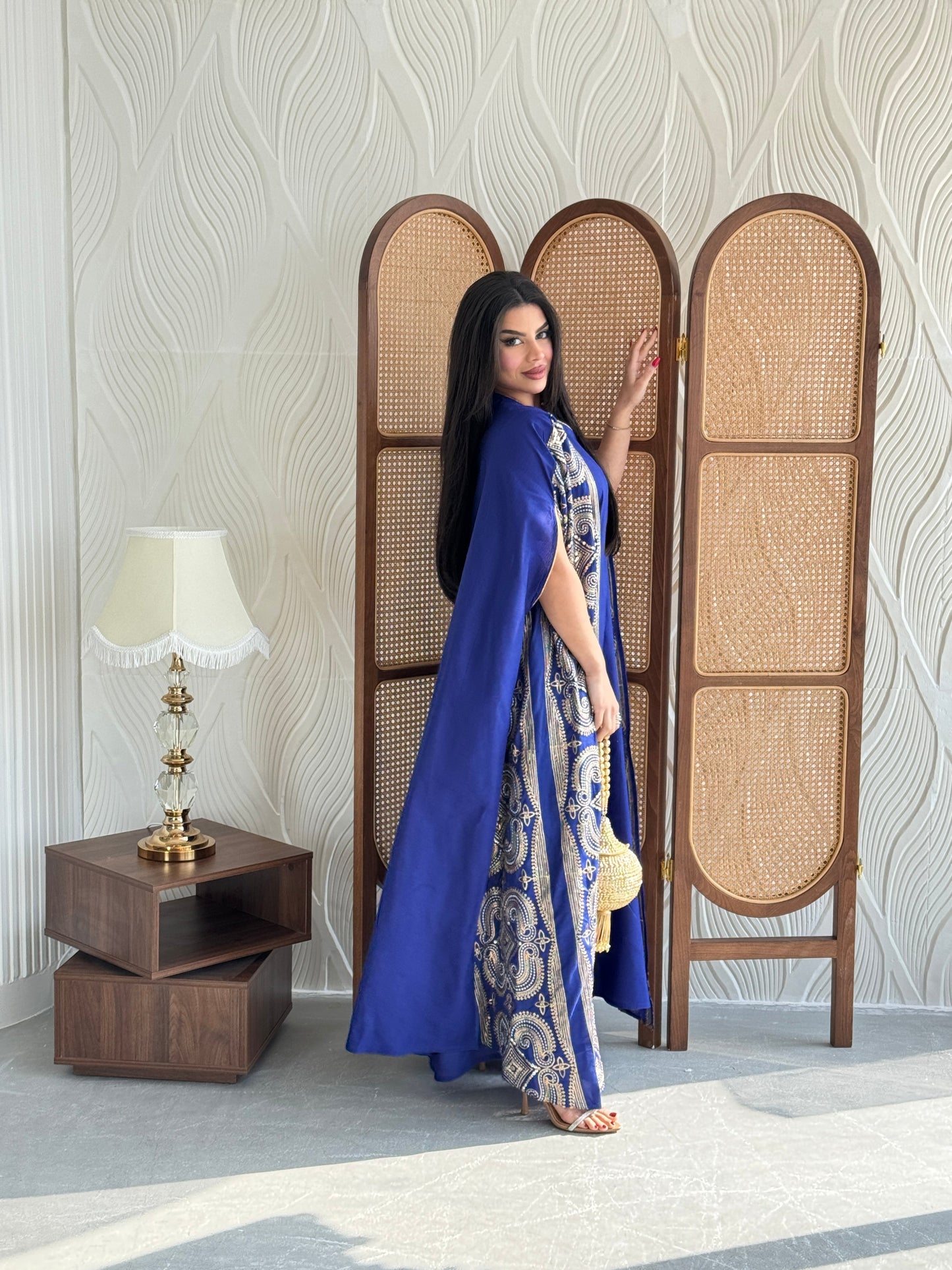 FAB275-Blue Two-Piece Linen Bisht Set, Detailed with Elegant Gold Embroidery