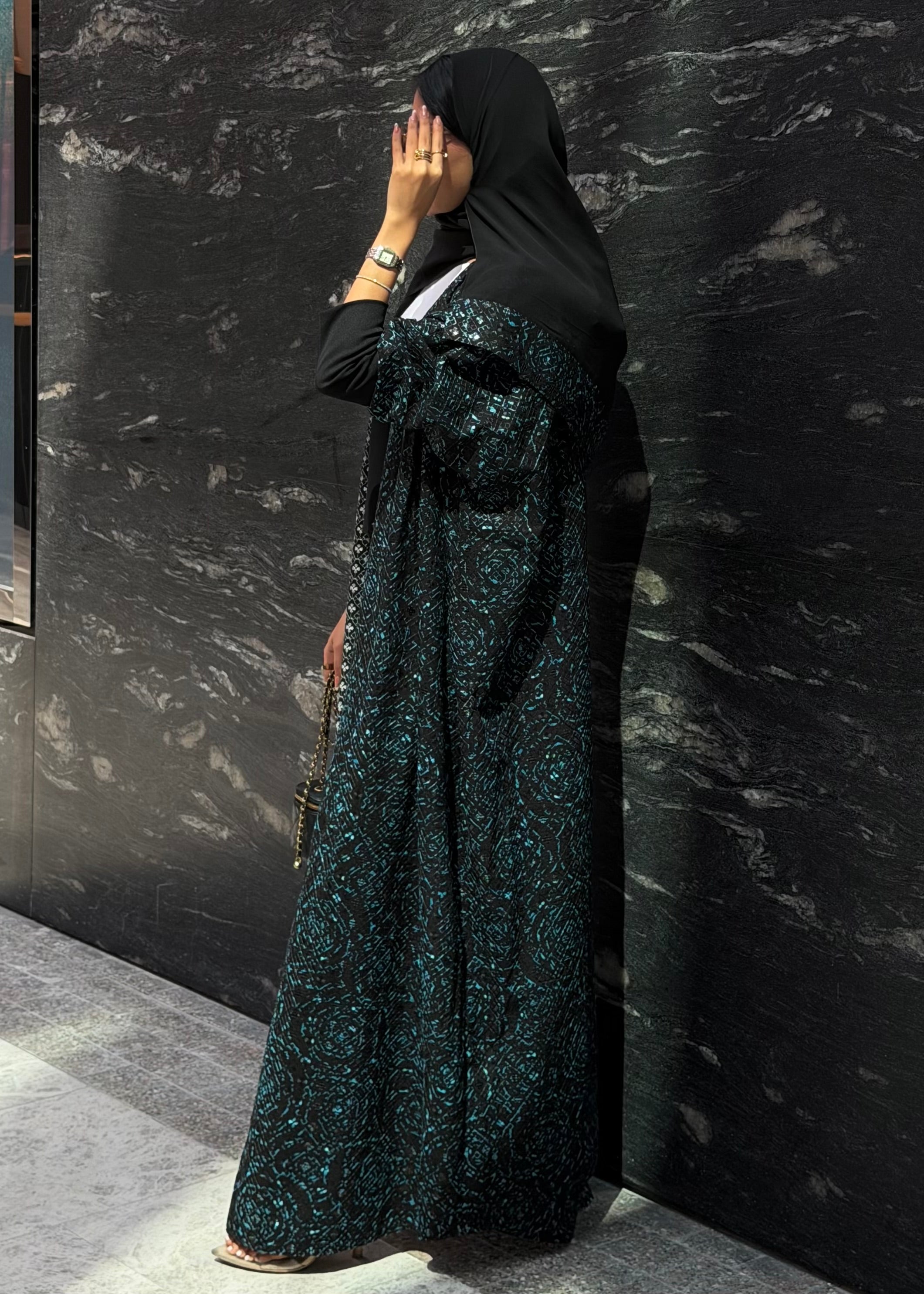 FAB341-Black Green Embroidery Half-Bisht Cut Abaya with Fitted Black Stretch Sleeves and matching headscarf