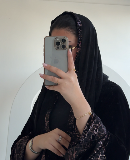 FAB245-Rose Metallic Black Velvet Abaya with Metallic pipping headscarf