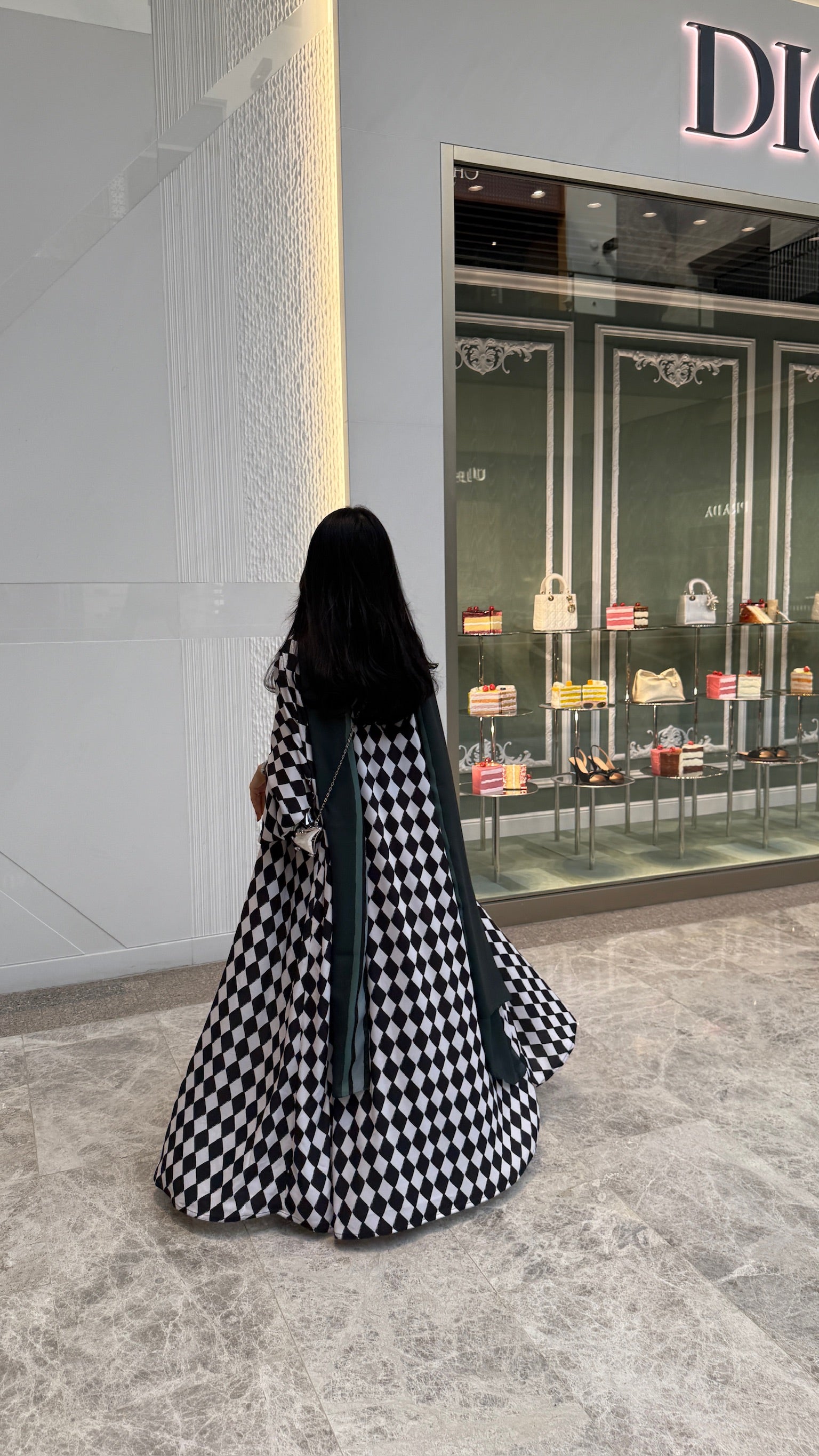 FAB305- Green & Black Checkered Print A-Cut Chiffon Silk Abaya
