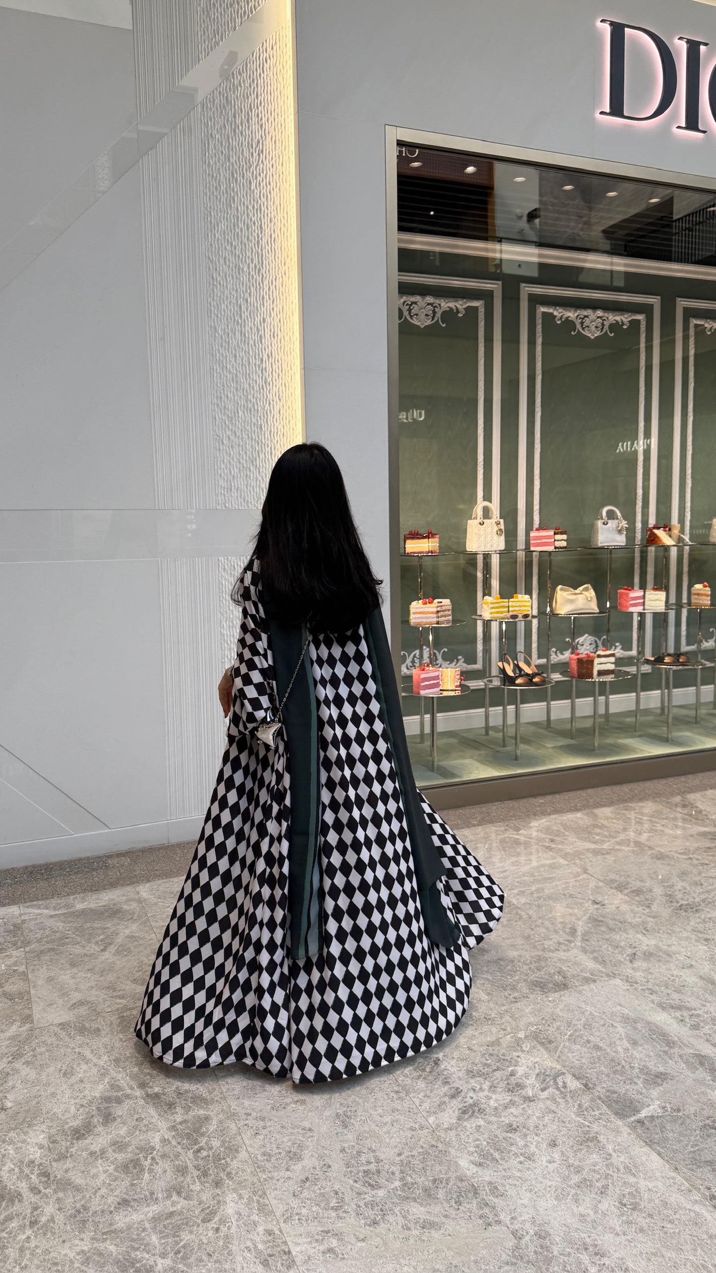 FAB305- Green & Black Checkered Print A-Cut Chiffon Silk Abaya
