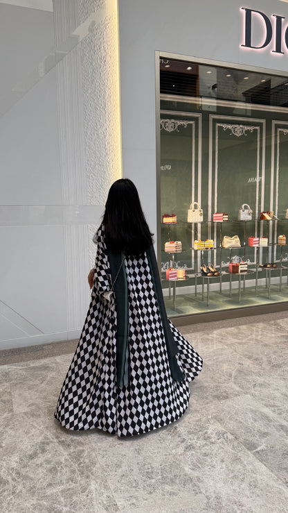 FAB305- Green & Black Checkered Print A-Cut Chiffon Silk Abaya