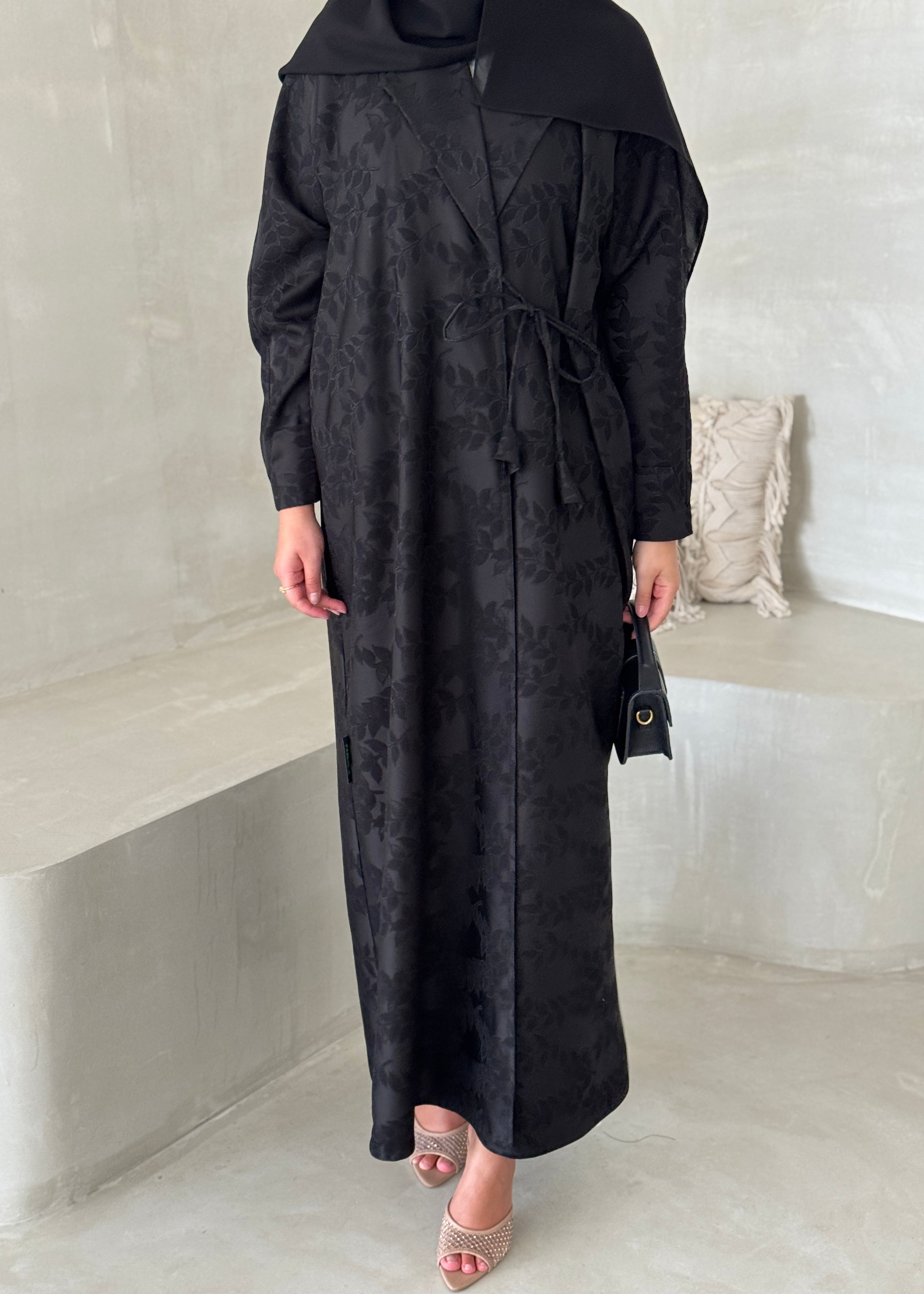 FAB194- Black Collar Blazer Cut Abaya with headscarf