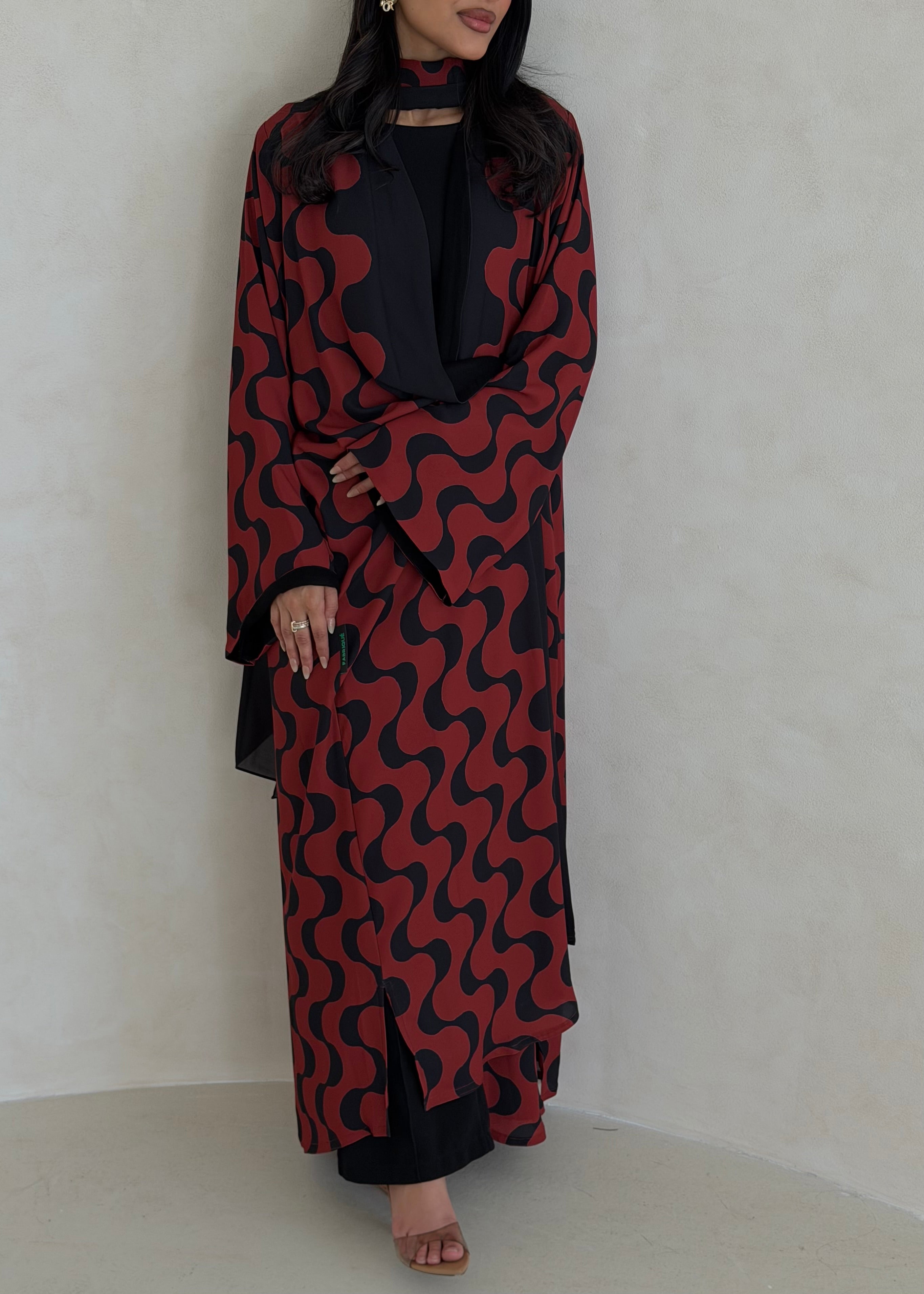 FAB345- Orange Red and Black Waves Printed Straight-Cut Abaya and matching headscarf