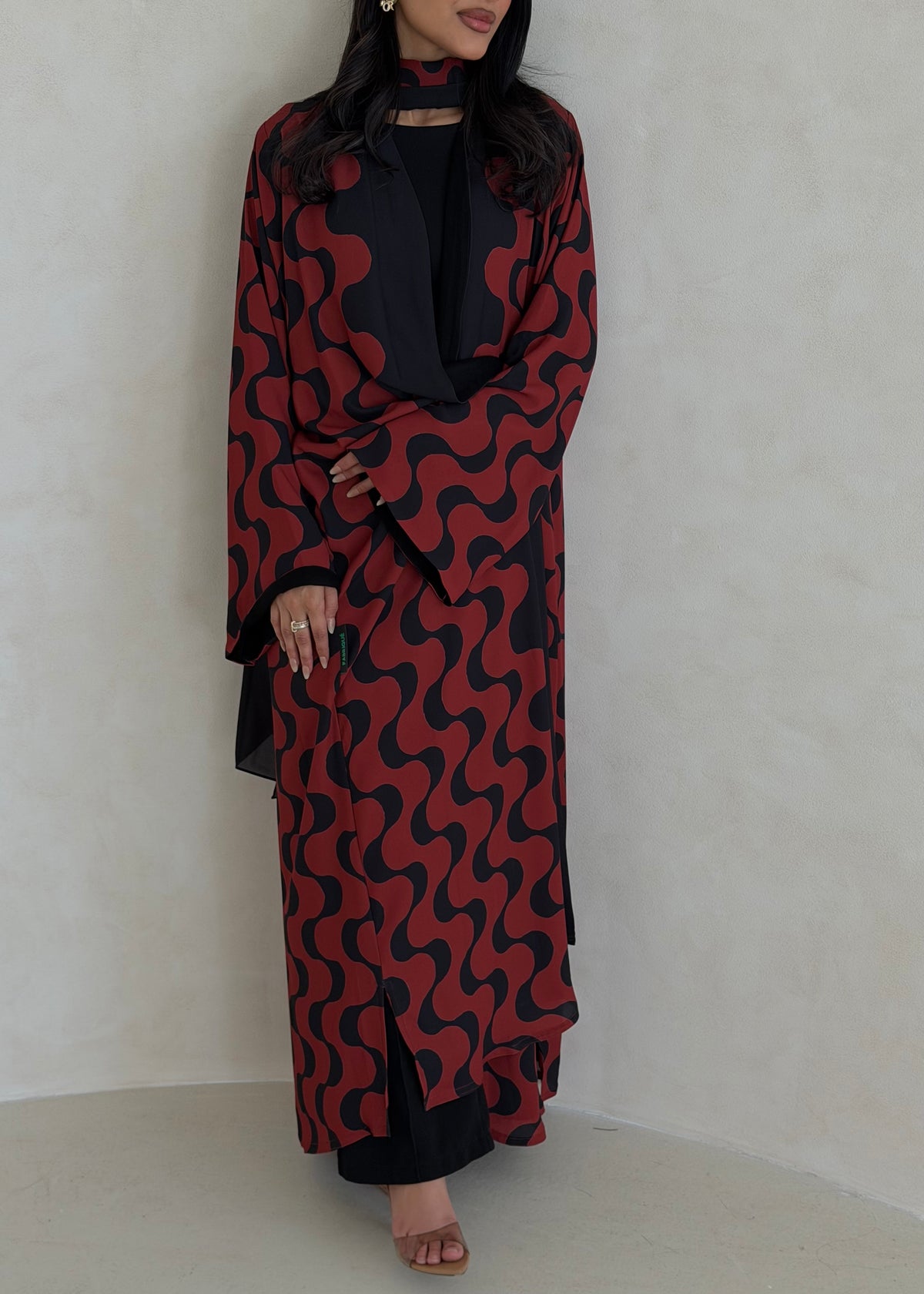 FAB345- Orange Red and Black Waves Printed Straight-Cut Abaya and matching headscarf