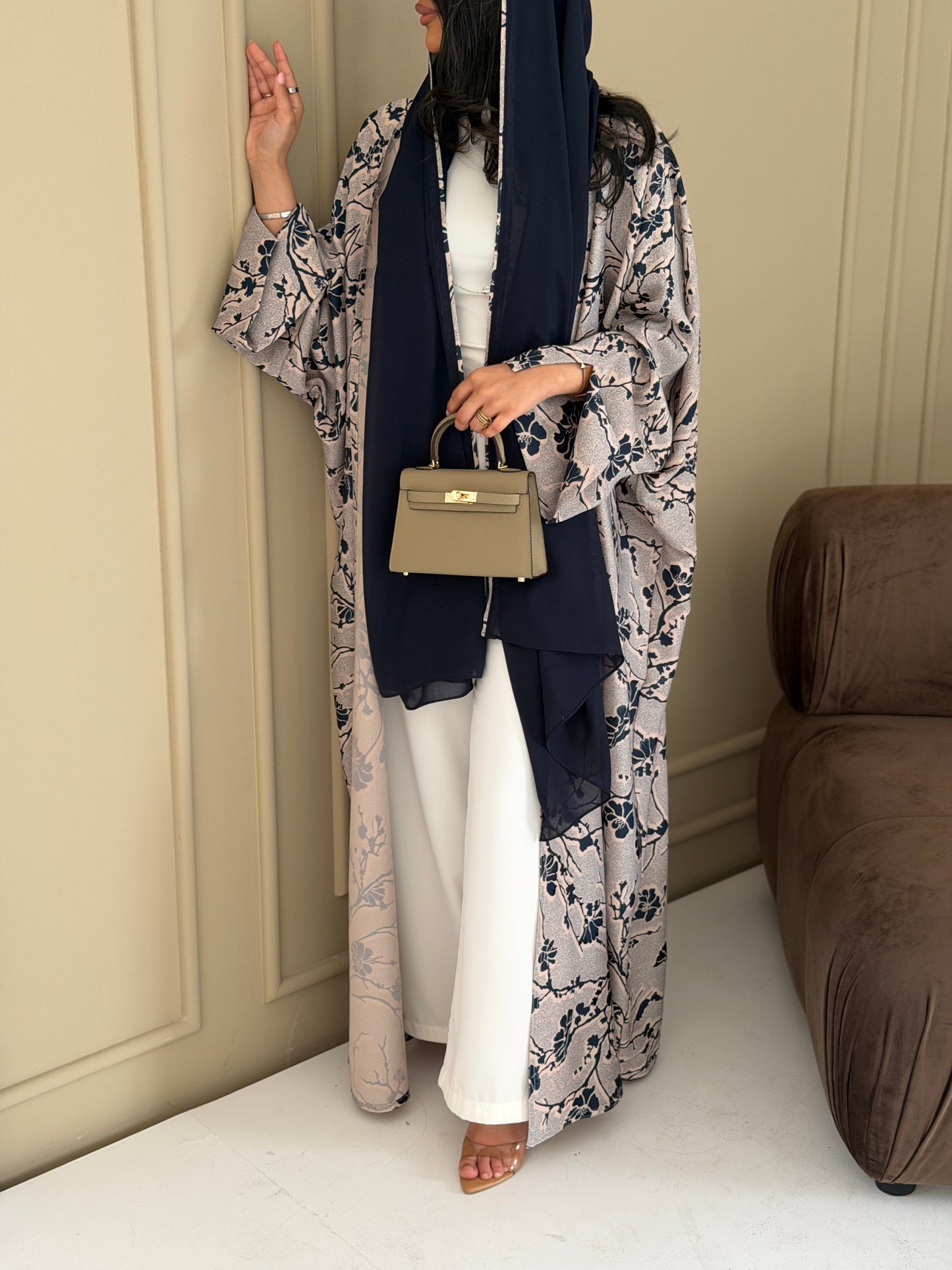 FAB285- Beige Floral Print Half Bisbt Abaya with pipping headscarf