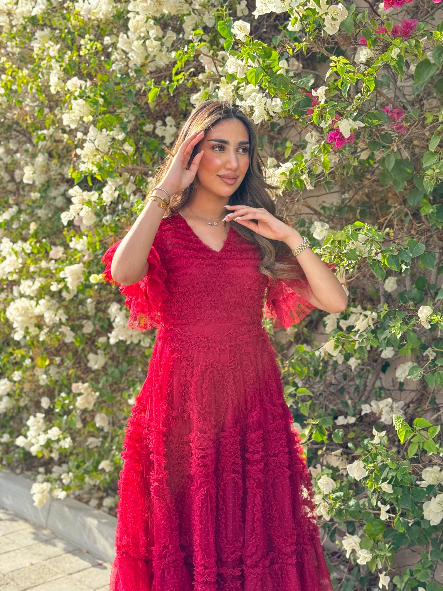 Maroon Tulle Short Sleeve Dress