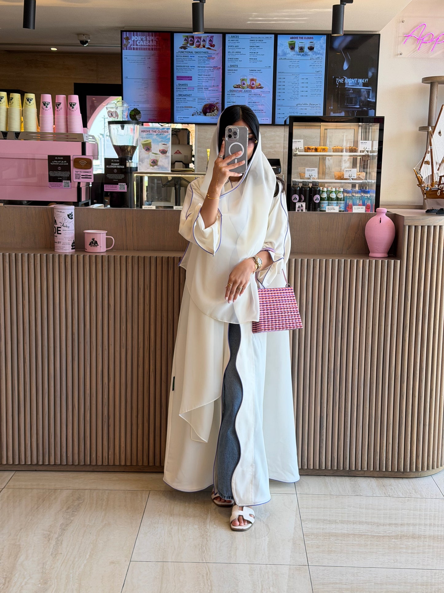 FAB317- White crepe swirl-cut abaya with purple piping abaya and headscarf