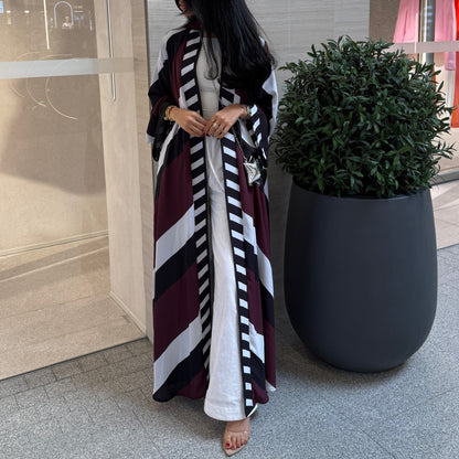 FAB302-Maroon & Black Printed Chiffon Silk A-Cut Abaya Set