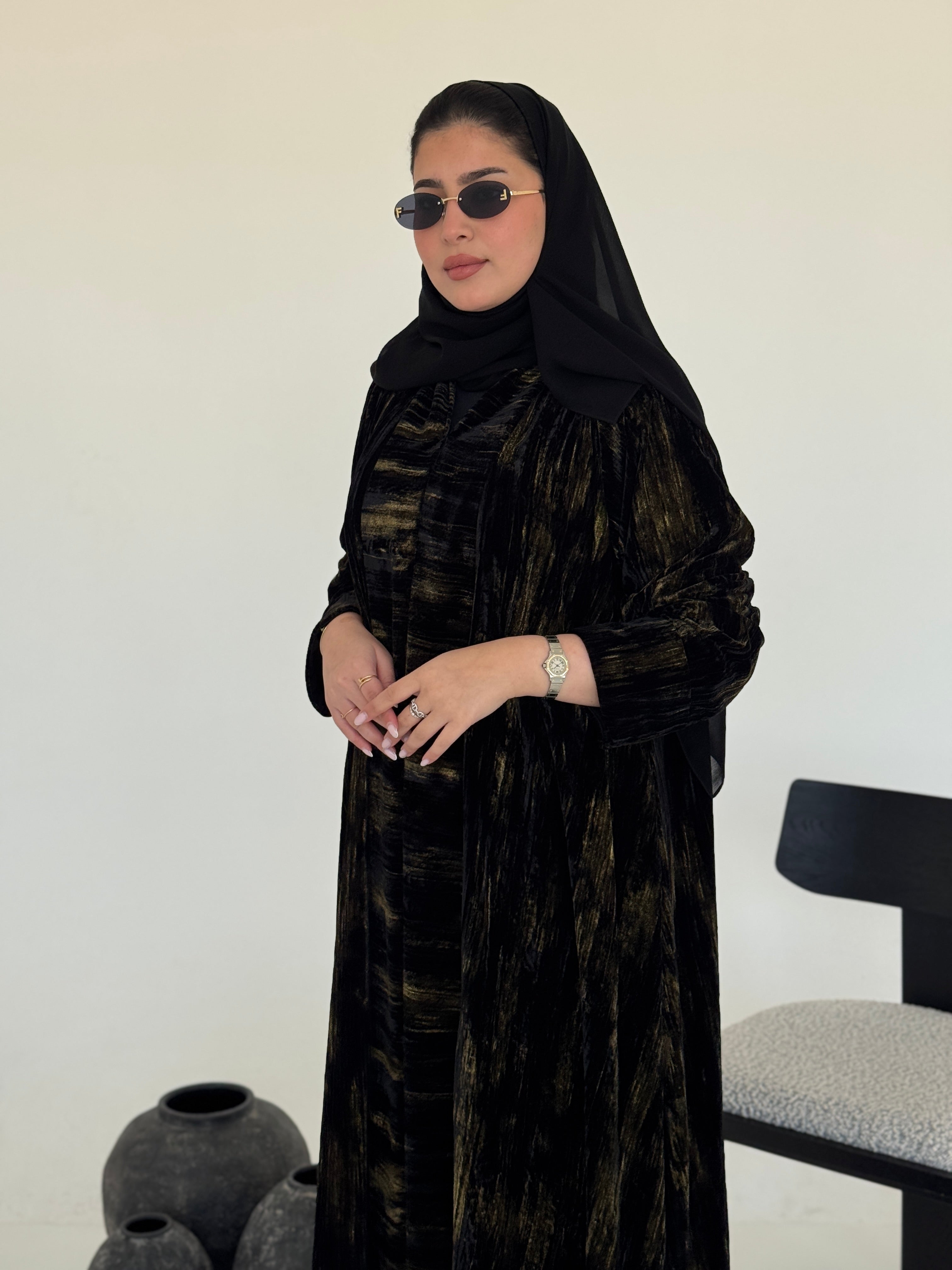 FAB234- Black & Gold Marble Velvet A-Cut Abaya