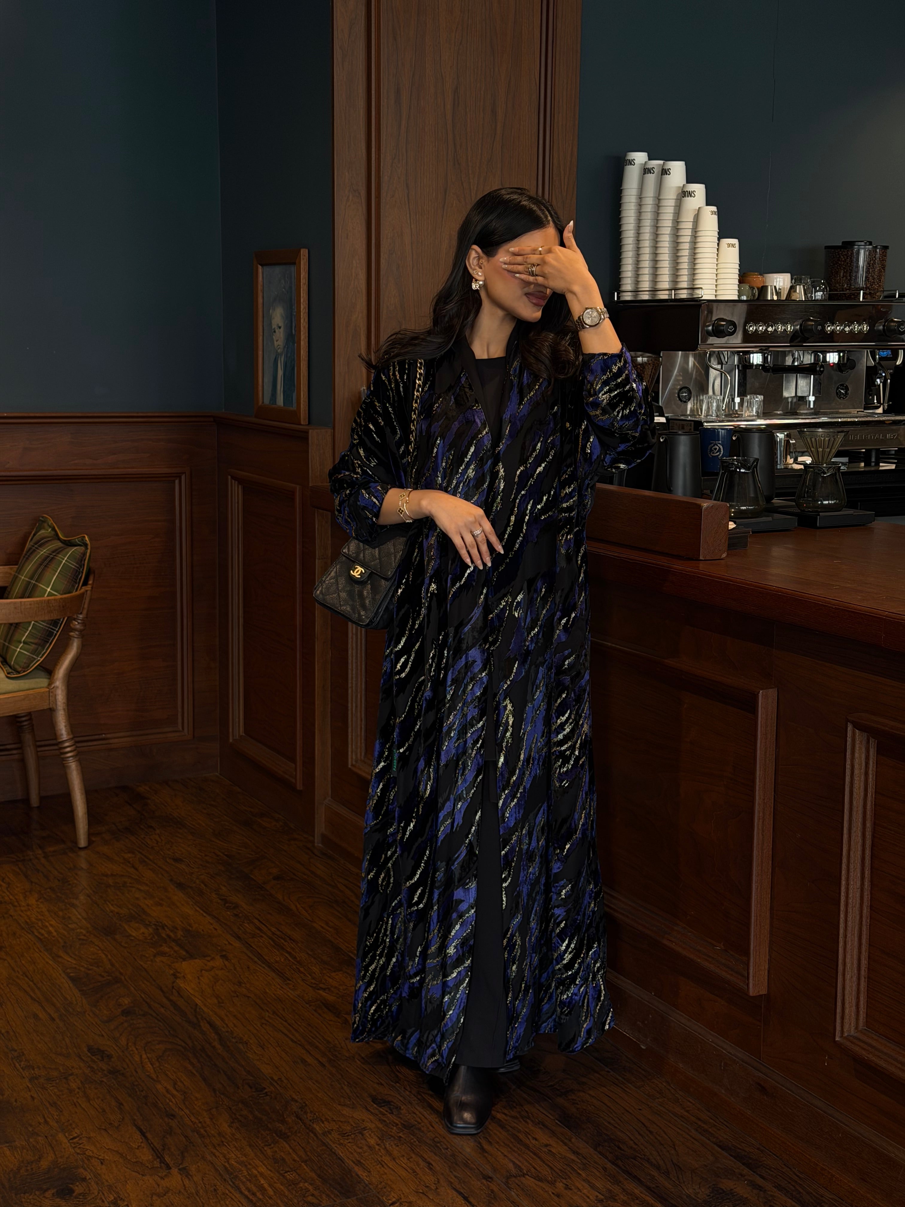 FAB352-Blue and Black Chiffon Half Bisht-Cut Abaya with Velvet Shimmer Print and Black Headscarf