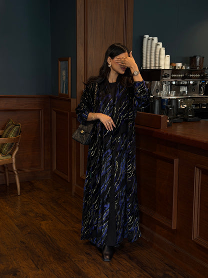 FAB352-Blue and Black Chiffon Half Bisht-Cut Abaya with Velvet Shimmer Print and Black Headscarf