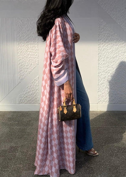FAB316- Pink & Purple Checkered Print A-Cut Chiffon Silk Abaya